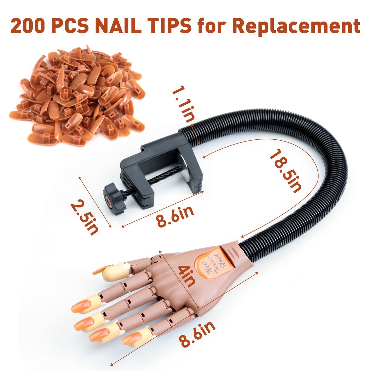 Acrylic Nails Flexible Practice Fake Hand, BORNBYME Nail Training Adjustable Finger Kits, Fake Nails Hands for Nail Beginner Practice with 200 PCS Nail Tips