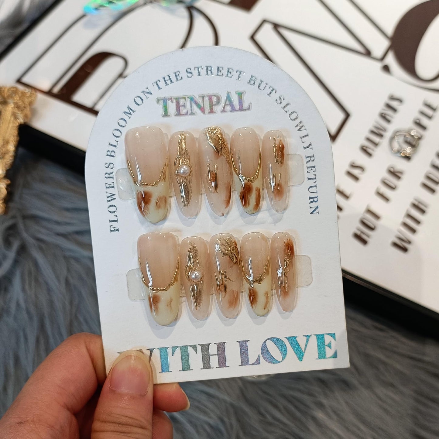 TENPAL Maillard Press on Nails Almond Shape French Tips Nails With Gold Foli Fake Nails With Glue Handmade Acrylic Glossy Soft Gel Light Brown Nails Press ons For Women Girls 10pcs/Box(S)
