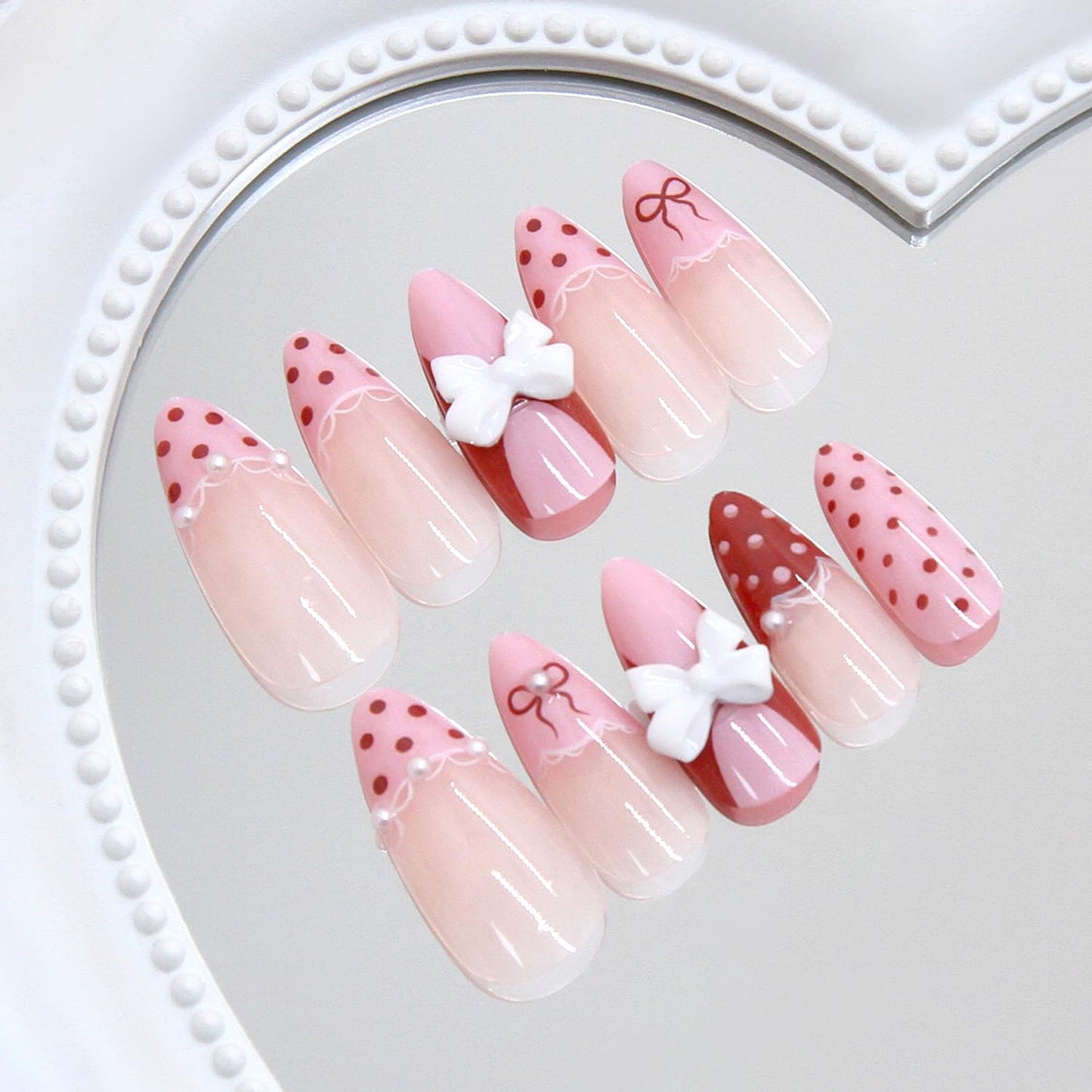 24Pcs Pink French Press on Nails Medium Almond Fake Nails Polka Dot, French Lace, Bow, Pearls Design French Nails 3D Cute Bows Press on Stick on Nails for Women Daily Wear DIY Nails