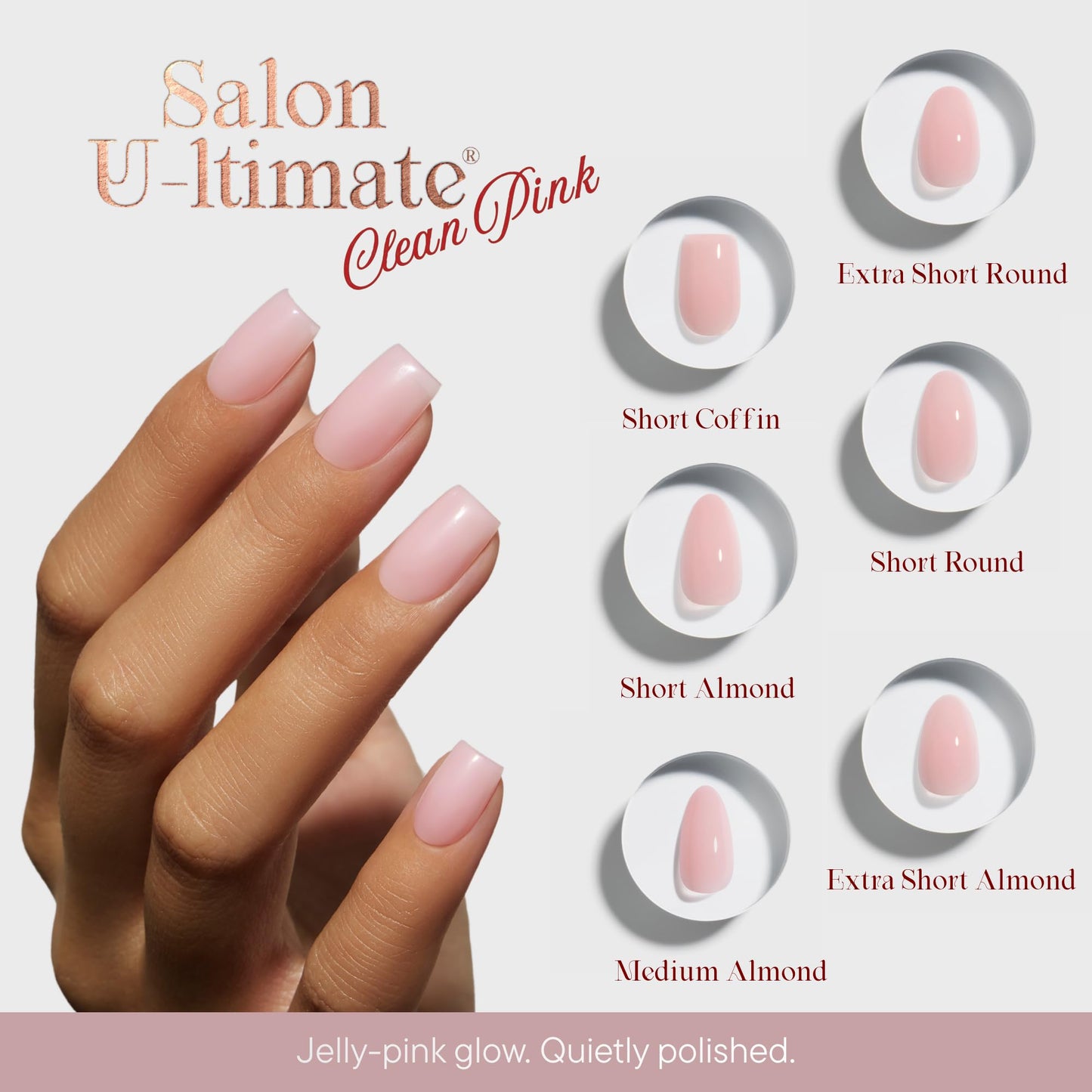 Celebritips Press On Nails - Salon U-ltimate™ | Clean Pink, Short Coffin Nails, Reusable | 16 sizes - 32 Nails Kit with Glue and Sticky Tabs