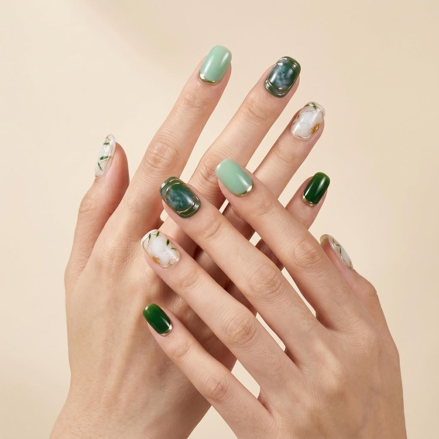 Sun&Beam Nails Handmade Press On Nail Medium Short Green White Flower Jasmine Fake Tip 3D Design Art Charms Cute with Storage Box 10 Pcs (S)