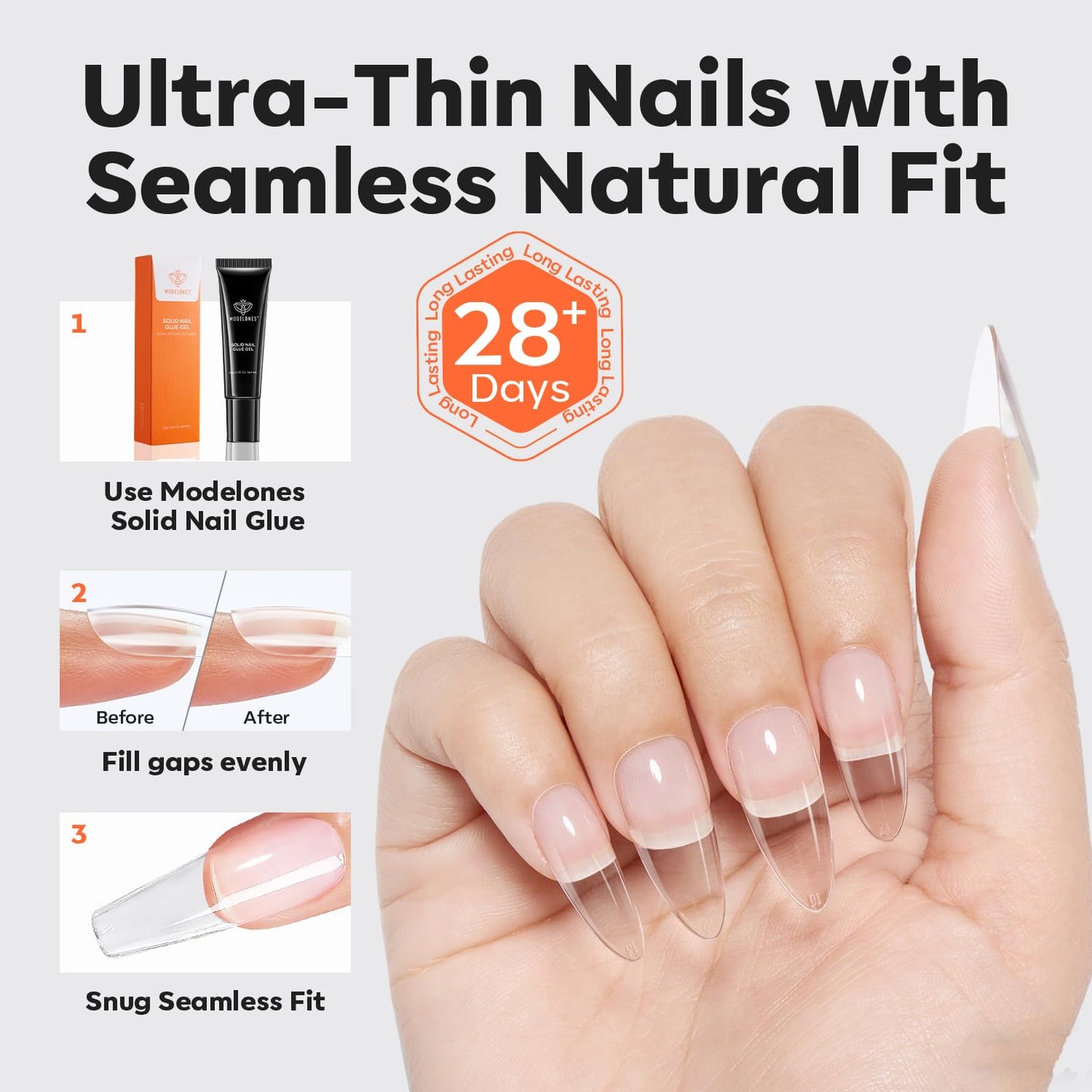 modelones Pro Luxe Instant Nail Apex Tips 15 Sizes, Medium Almond Extension Gel Tips Pre-building & Pre-etched Thicker Strength Acrylic Fake Nails Full Cover 240 Pcs