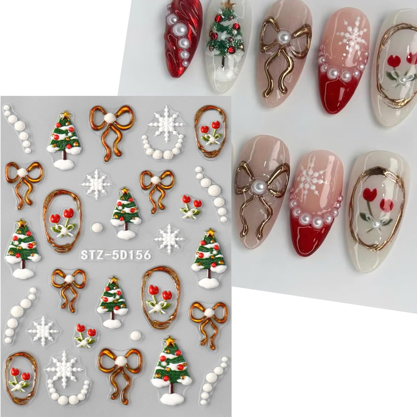 3pcs Christmas Nail Art Stickers 5D Embossed Nail Decals White Snowflakes Christmas Tree, Bow, Holly Adhesive Nail Stickers Snow with Rhinestones Design Xmas Nail Supplies Manicure Accessories