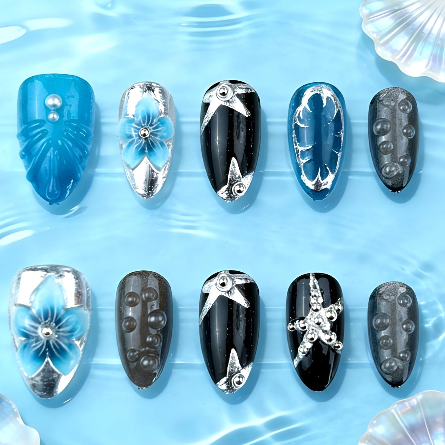 30Pcs Blue Flower Press on Nails Kit Medium Almond Fake Nails 3D Floral Handmade Rhinestone & Silver Star Irregular Design French Full Cover Acrylic Nail Tip Y2K Cute Stick on False Nail for Women