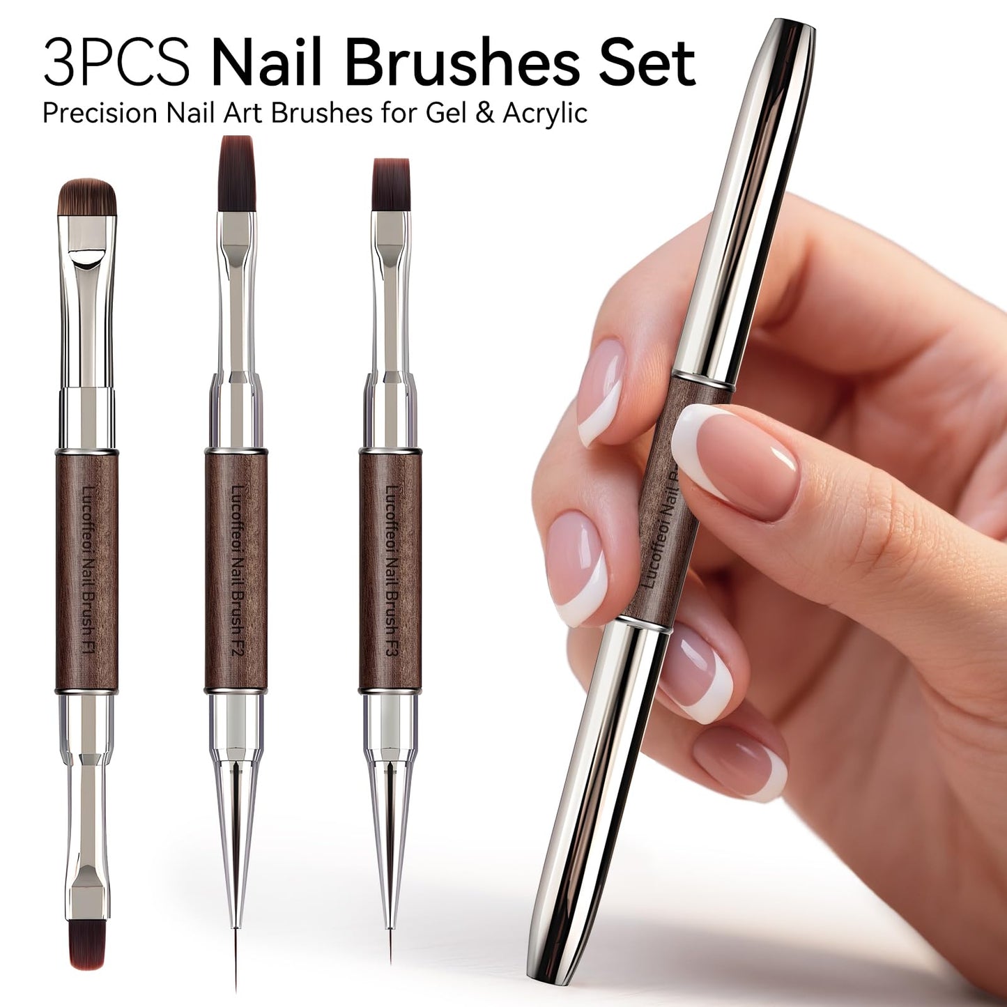 Nail Art Clean Up Brushes, Dual-End French Tip Brush 3PCS Set - Flat/Oval/Angled Dual Head Gel Nail Brushes for Polish Mistakes, Cuticle Cleaning, Acrylic & Polygel Nail Design Painting DIY Tools