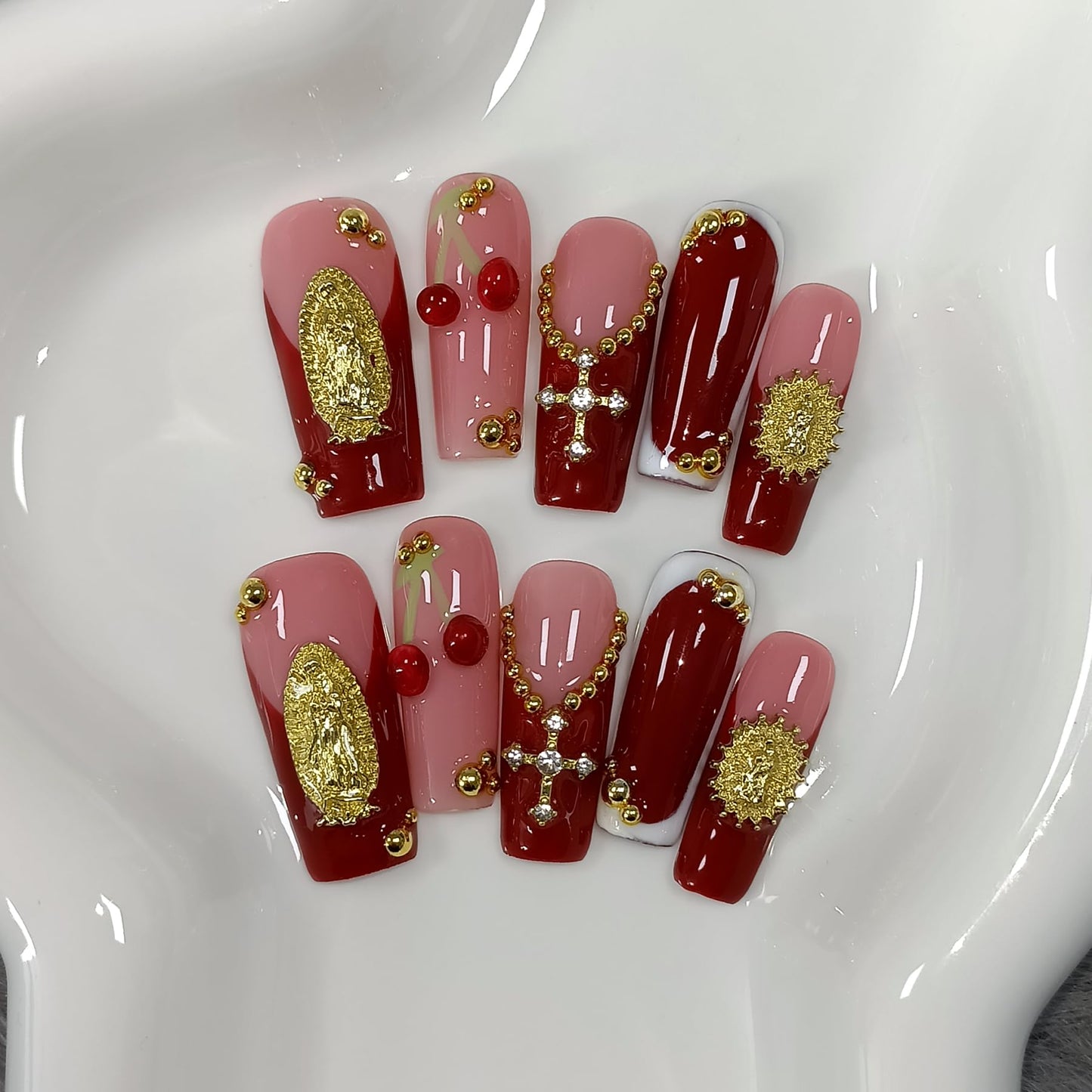 TENPAL Burgundy French Press on Nails Long Square,3D Embossed Cross Design Luxury False Nails for Wedding Party,Elegant Gothic Glue on Nails for Women Girls(L)