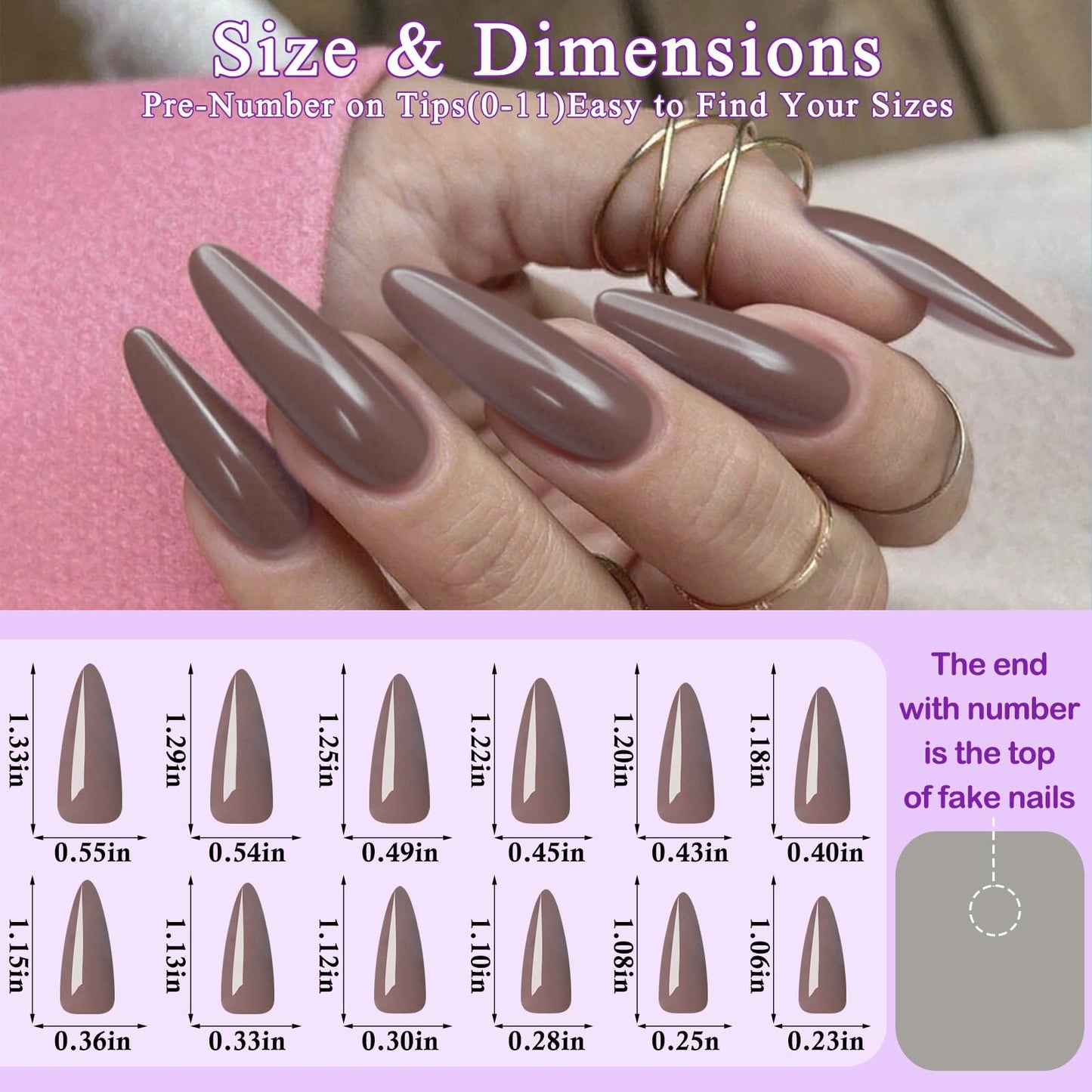 144pc Brown Press on Nails Long Stiletto Fake Nails with Glue Tabs, Brown Nails Press ons Nails Stiletto Glue on Nail Pointy Acrylic Nails Stick False Artificial Fingernail for Women Girls