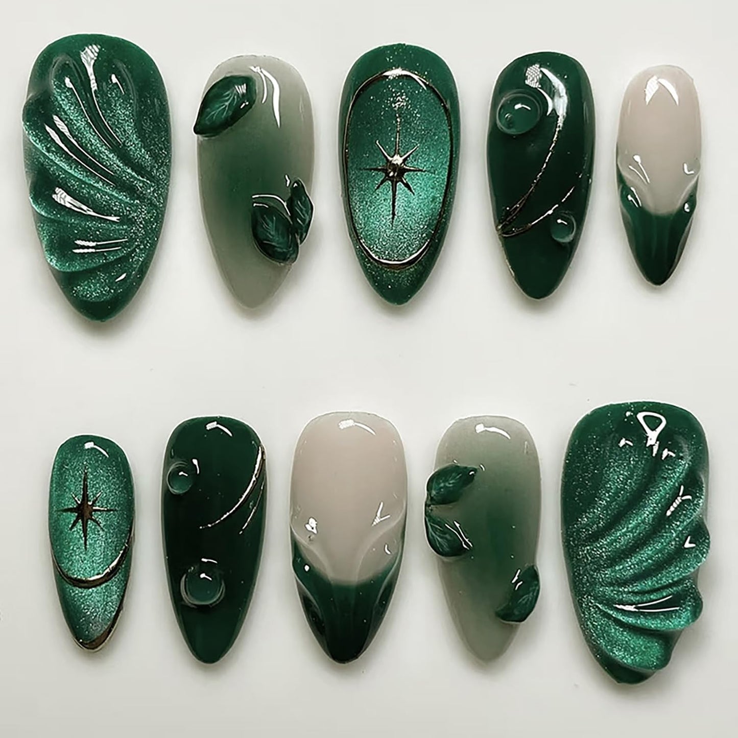24Pcs Green Press on Nails Medium Almond Fake Nails with 3D Leaves Designs Spring False Nail Reusable Green French Tip Acrylic Nails Glossy Silver Star Full Cover Glue on Nails for Women