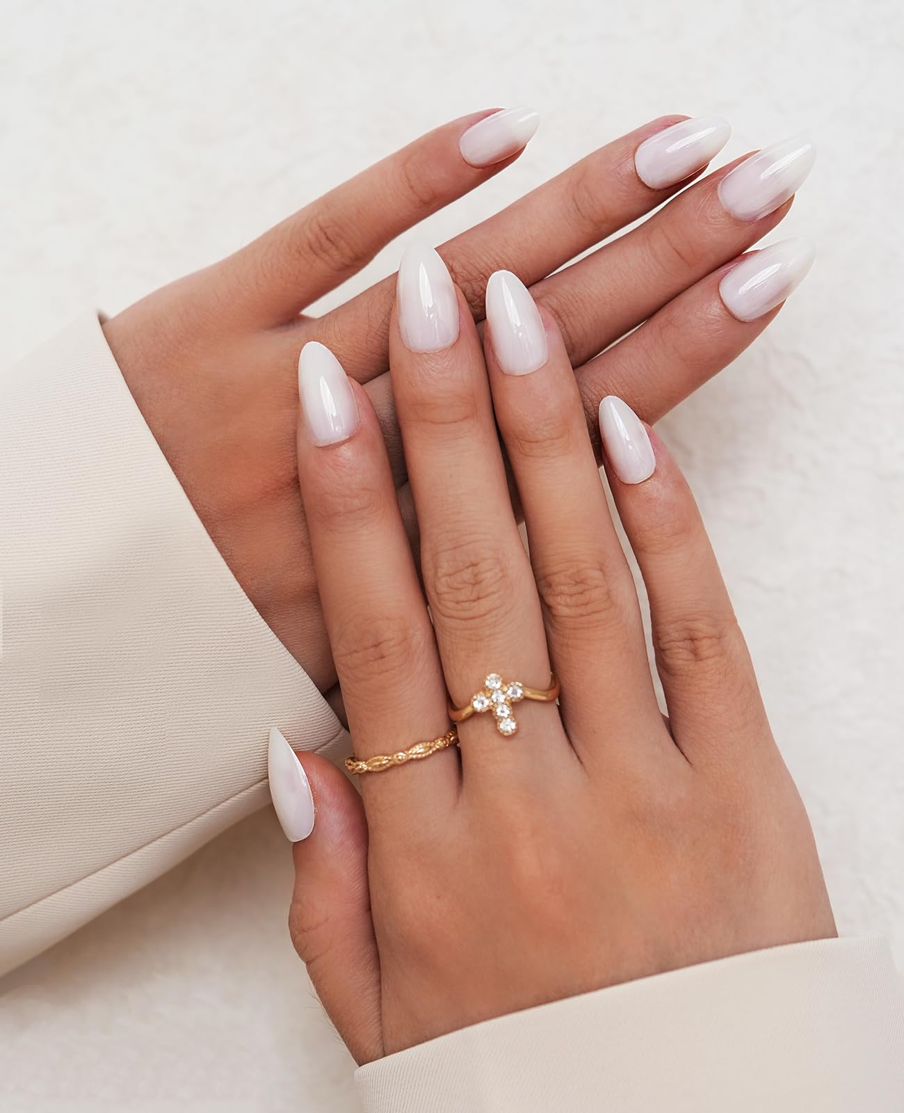 ESLALA Press On Nails Short Almond,Milk White Fake Nails,Glossy False Nails,Reusable Stick On Fake Nails with Glue | 16 Sizes - 32 Nail Kit(10 Almond Milk White)