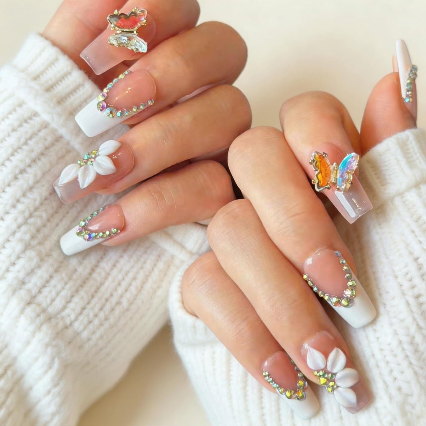 Handmade Press On Nails, 3D Flower & Butterfly White French Tip Fake Nails with Rhinestones, Reusable Acrylic False Nails Medium Length Square Press on Nails (S-10Pcs)