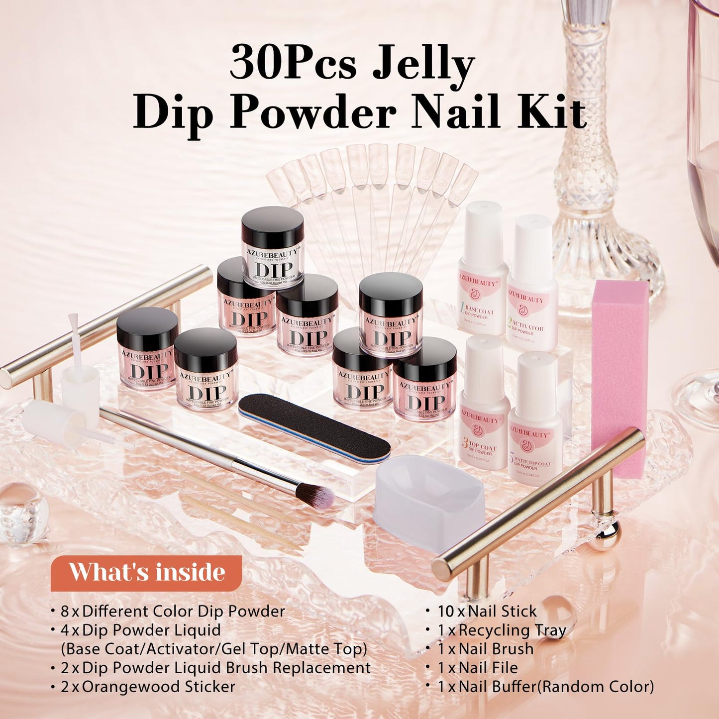 AZUREBEAUTY Dip Powder Nail Kit, Jelly Translucent Milky White Sheer Pink Nude Neutral Clear 8 Colors, Dipping Powder Liquid Set Added Matte Top Coat with Nail Sticks French Nail Art Manicure Salon