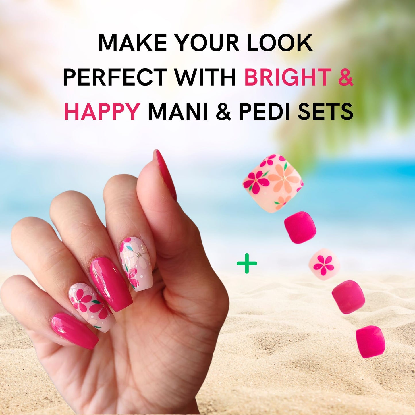 Alice & Bella Bundle - Bright & Happy Manicure (25 pcs) & Pedicure (36 pcs) - Viva Magenta Semi Cured Gel Nail Strips to Make Your Nails Happy & Bright