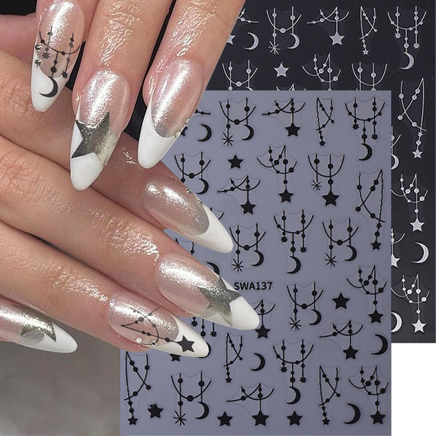 6 Sheets Star Nail Stickers 3D Self-Adhesive Silver Meteor Moon Nail Decals Black Chain Moon Star Nail Design Celestial Nail Art Stickers for Women Decoration Manicure Supplies