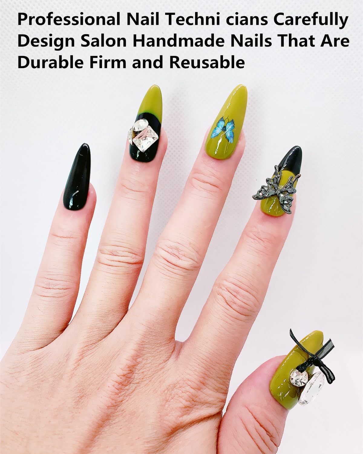CAMILCY Press on Nails Handmade Nails Luxury Reusable Fake Nails For Girls long Almond Armor Green Black Diamonds HandPainted Salon Loveful Design Acrylic GelUV Finished 3D Nails 10PCS (A013, M)