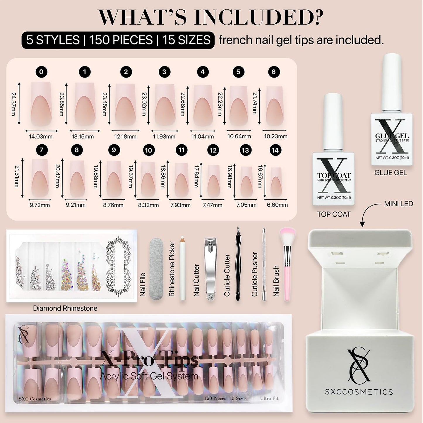 SXC Cosmetics French Tip Press On Nails - Skin Tone Nude and Color Series, Medium Square X-Pro Tips Starter Kit ST117KIT