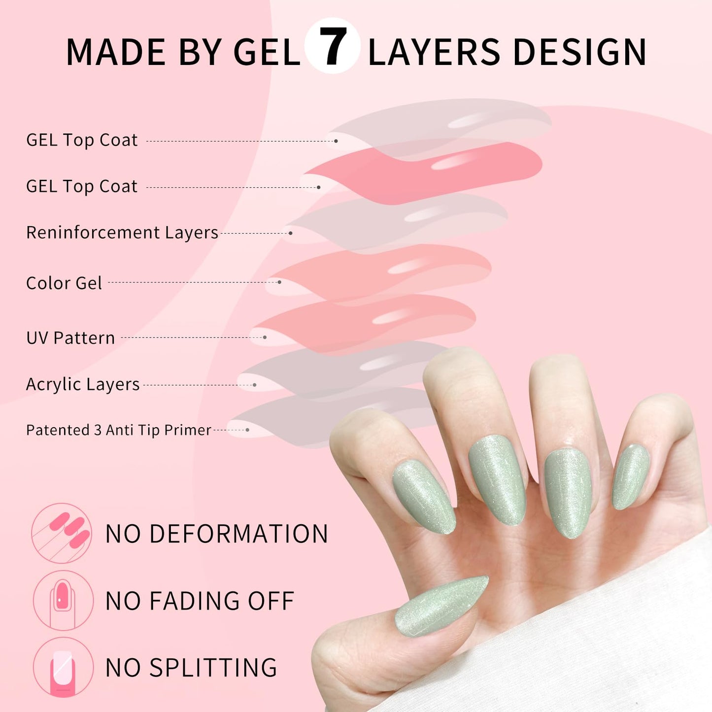 Green Almond Cat Eyes Press On Nails,12 Sizes - 24 Pcs Soft Gel Green Medium Fake Nails Kit with Nail Glue, Natural Reusable Stick On False Nails for Women and Girls SK1026