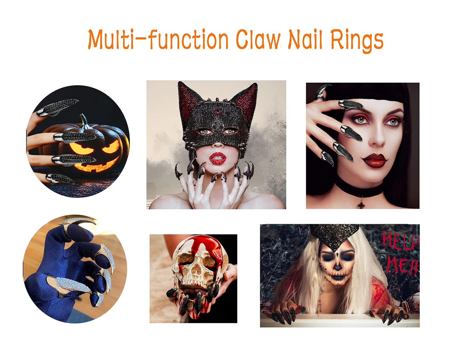 10 Pcs Halloween Costume Fake Finger Claws - Gothic Punk Cosplay Nail Rings - Sparkling Crystals Paved Party Accessories for Girls Women Men - Witch Vampire Paw Fingertip Claw Nails, 3 Sizes - Black