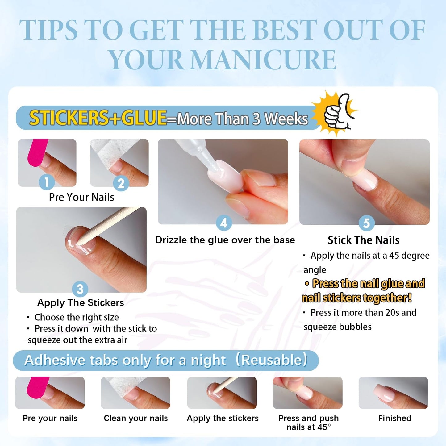 Sky Blue Press On Nails - Short Square, Soft Gel Glue On, 24pcs Reusable Acrylic Nails