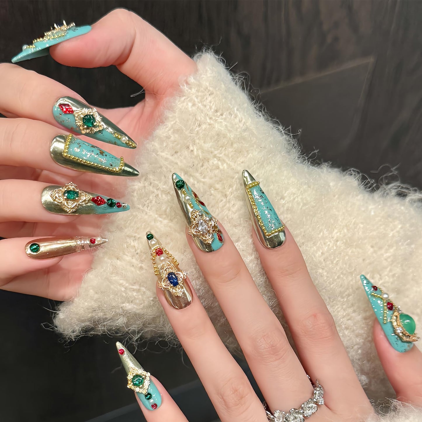 Luxury Press on Nails 10Pcs – Handmade Turquoise Gemstone Nails with Pearls & Rhinestones – Long Coffin Acrylic False Nails with Gold Foil – Jeweled Bling Fake Nails for Party Wedding