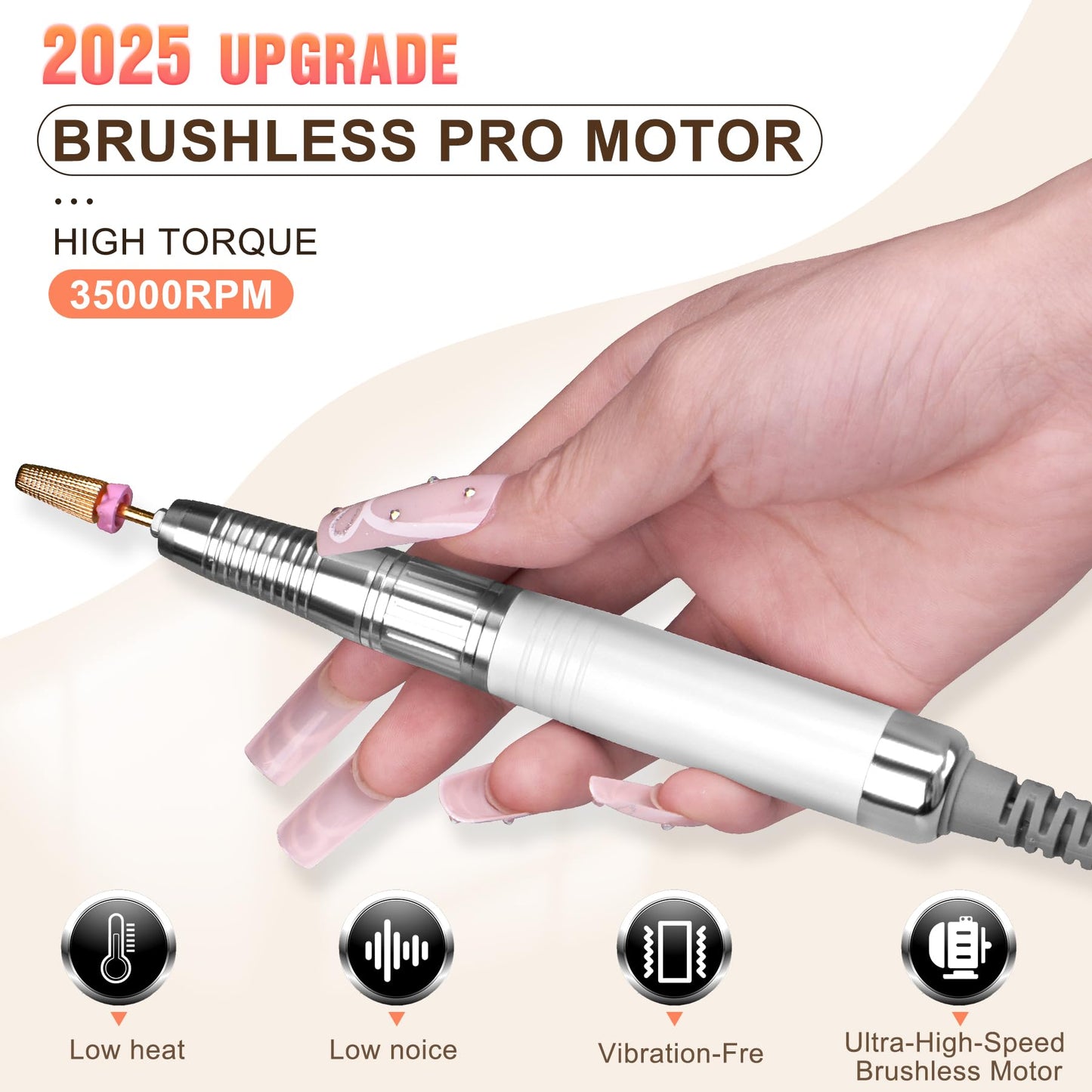 Professionl Nail Drill,80w Brushless Pro Electric Nail Drill 35000rpm HoMove Cordless Nail Efile, High Torque, Quiet & Vibration-Free Electric Nail File for Nail Technicians,Home DIY