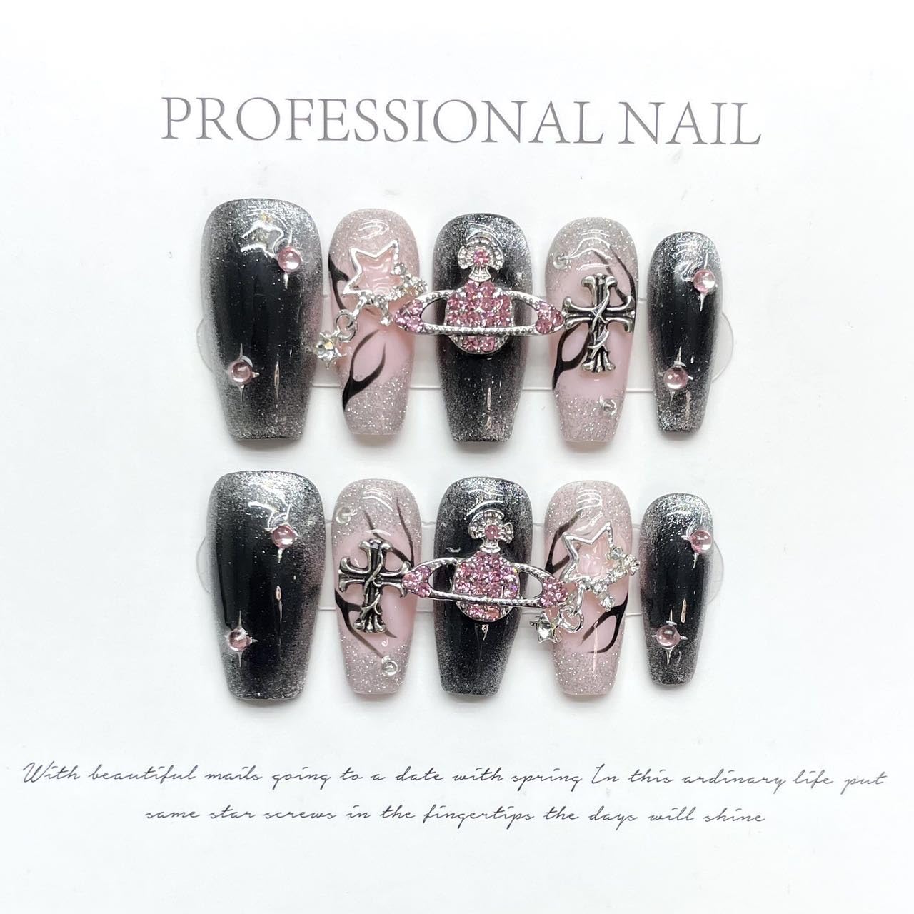 Handmade Press on Nails Square Spice Girl Series AFusion of Sparkling Pink Diamond Surround Planet and Flame Cat Eye Design Acrylic Nails Press on Handmade Nails Punk Press on Nails(S)