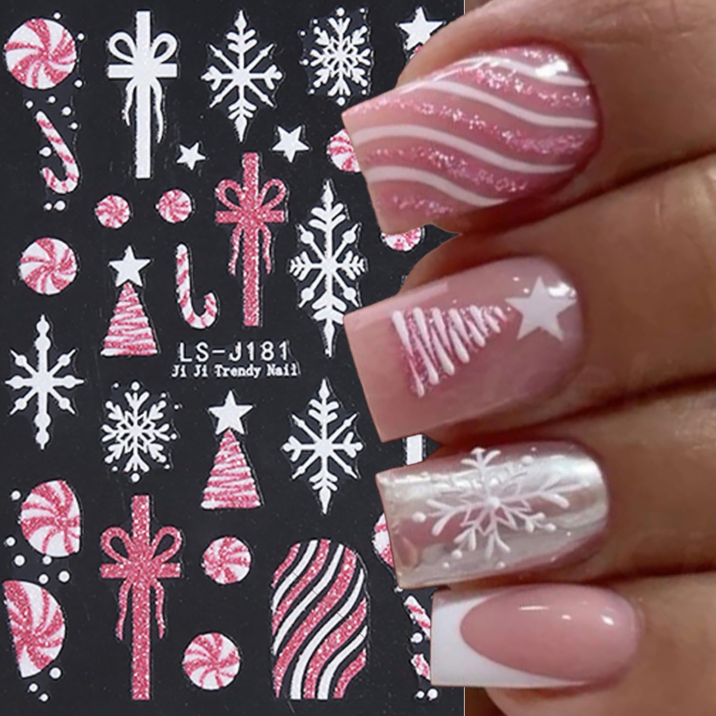 Christmas Nail Art Stickers Winter Glitter Bow Snowflake Cute Elk Xmas Nail Stickers 3D Self -Adhesive Christmas Trees Light Ball Festival Decals Holographic Xmas Decoration for Women DIY Manicure