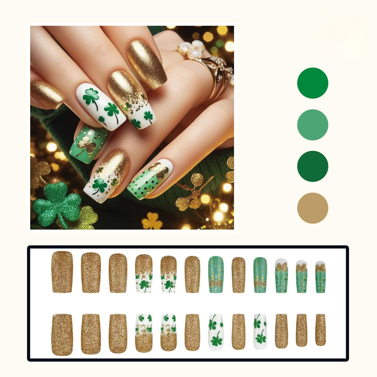 St. Patrick's Day Press on Nails Medium Coffin Fake Nails with Green Gold Shamrocks Design Full Cover Gold Glitter Glossy Acrylic Nails for Women DIY Manicure Saint Patrick's Day Nail Decor 24Pcs