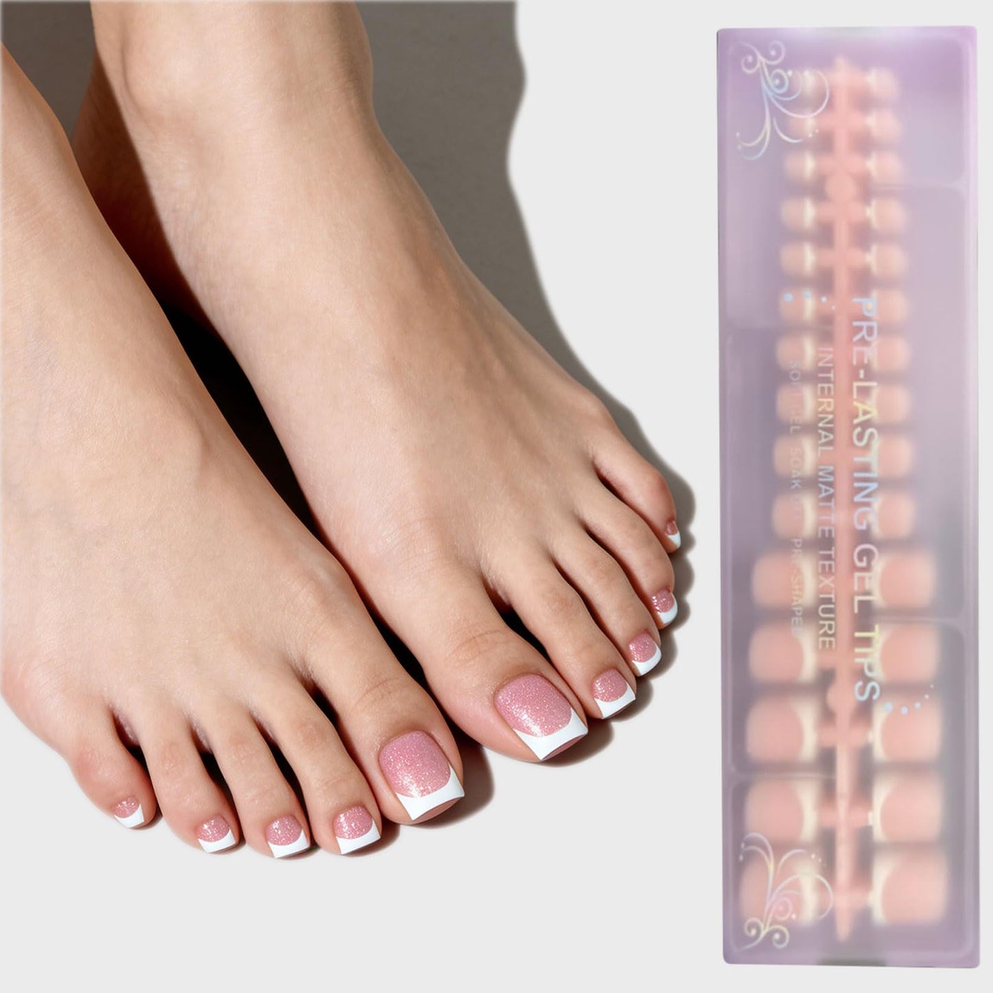 Dsixnails Pink Glitter Base Toe Nail Tips, 150pcs Short Square Press on Toenails for Women, Soft Toe Nail Press Ons, French Tip Toe Press on nails, Soak Off Acrylic Fake Toenails Extension in 15Sizes