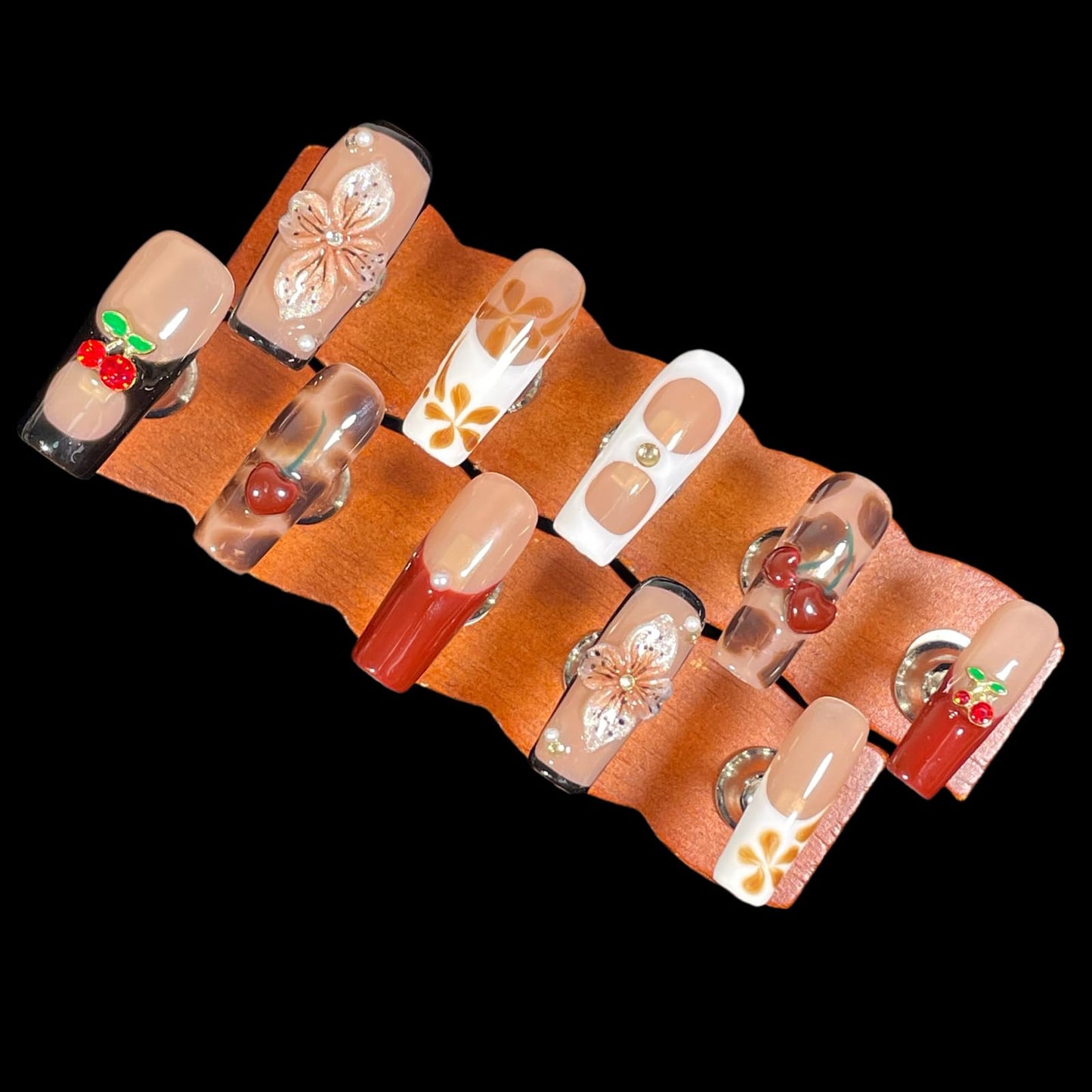 Handmade Press On Nails Square 3D Floral Cherry Blossom Leopard French Fake Nails wtih Design, Reusable Acrylic False Nails Gift Set (Cherry, m)
