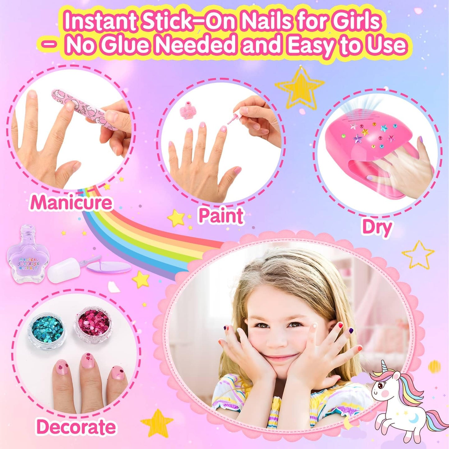 Kids Nail Polish with Press on Nails Set for Girls, Non-Toxic Nail Art Kit with Portable Dryer and Unicorn Case, Cute Stuff Gift Toys for Girls Age 8-12