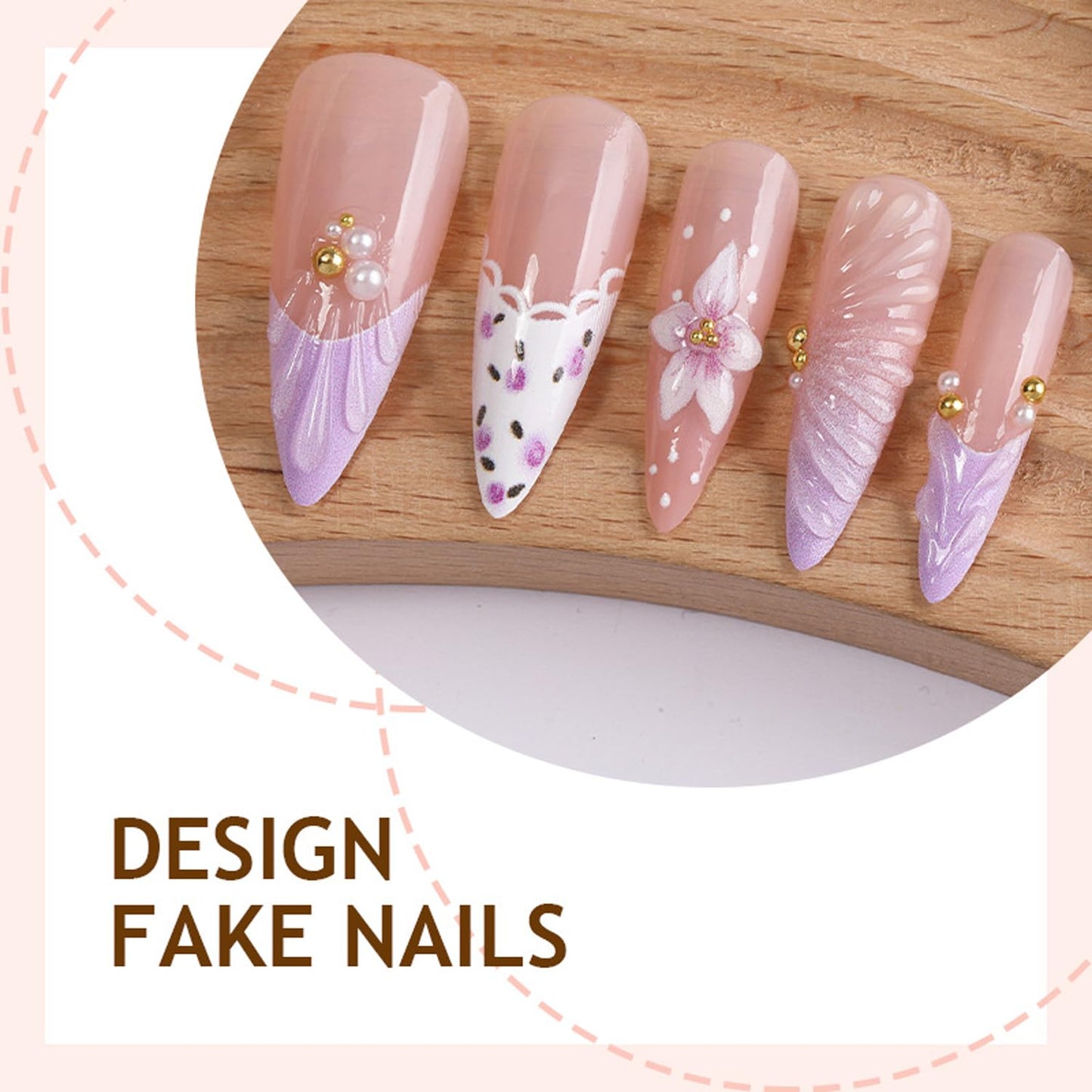 Long Stiletto Press On Nails French Tip Fake Nails Flower With 3d Wave Design Purple False Nails Full Cover Artificial Acrylic Nail Summer Stick On Nail For Women 24pcs