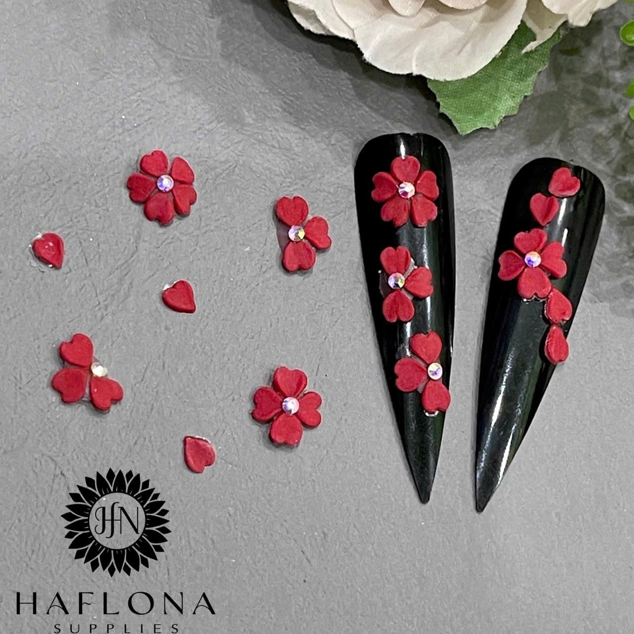 Set Red 3D Flowers for Nails, Handmade 3D Acrylic Flowers for Valentine Nails, Flower Nail Charms Rhinestones Gems by Acrylic Powder Design Deco Nail Art Women Girls (Red Heart)