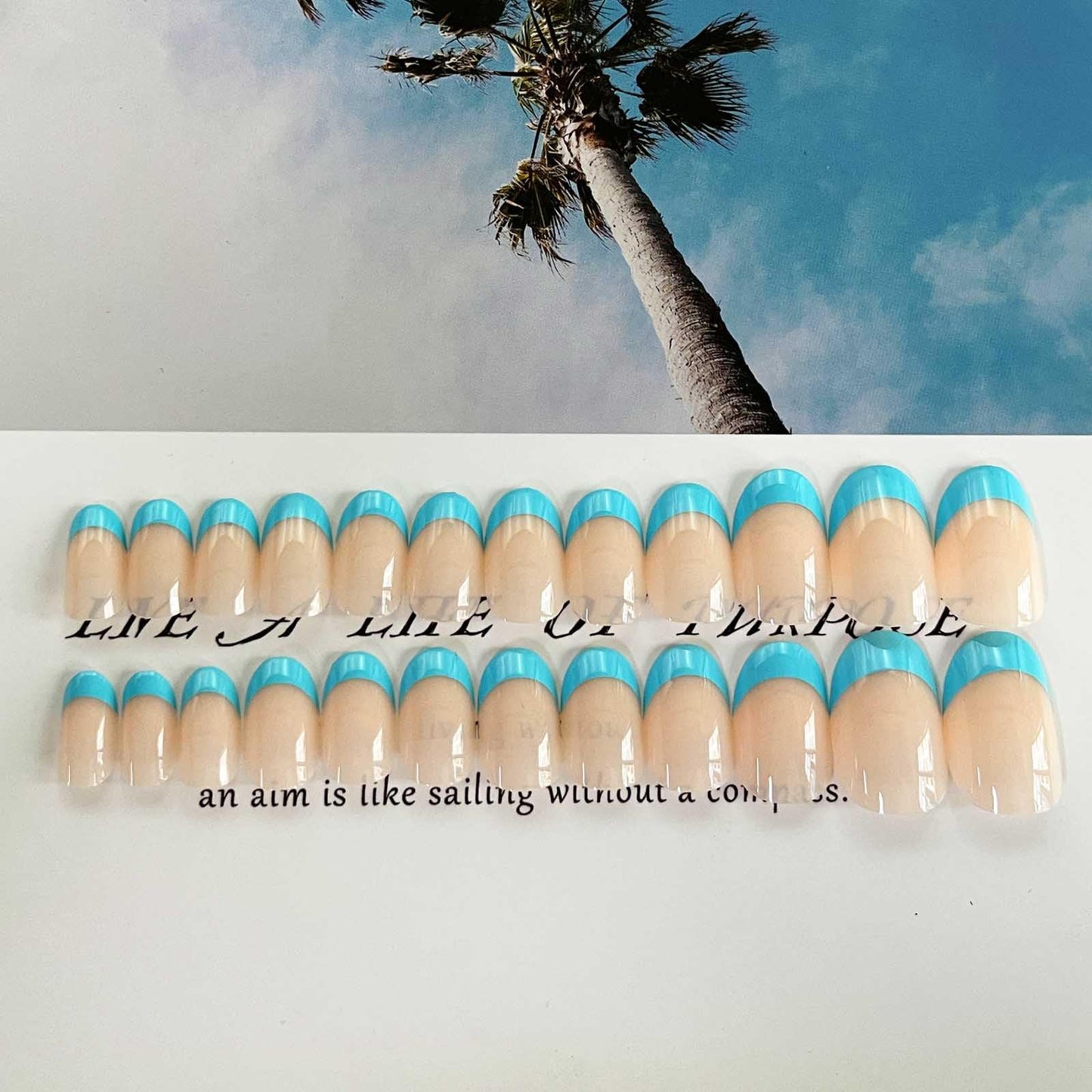 DANMANR Square Press on Nails Short Fake Nails French Acrylic Full Cover False Nails for Women and Girls 24PCS (Blue French)