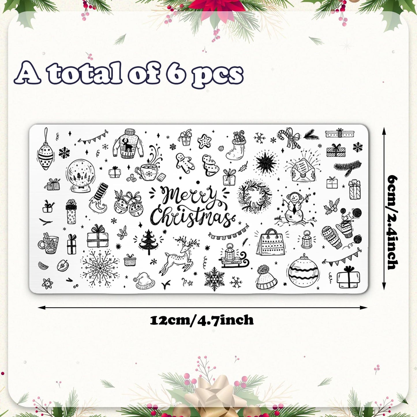 Whaline 6Pcs Christmas Nail Plates Stamping Set Stamp Templates Xmas Ball Snowman Snowflake Nail Art Plates for Winter DIY Print Manicure Salon Design