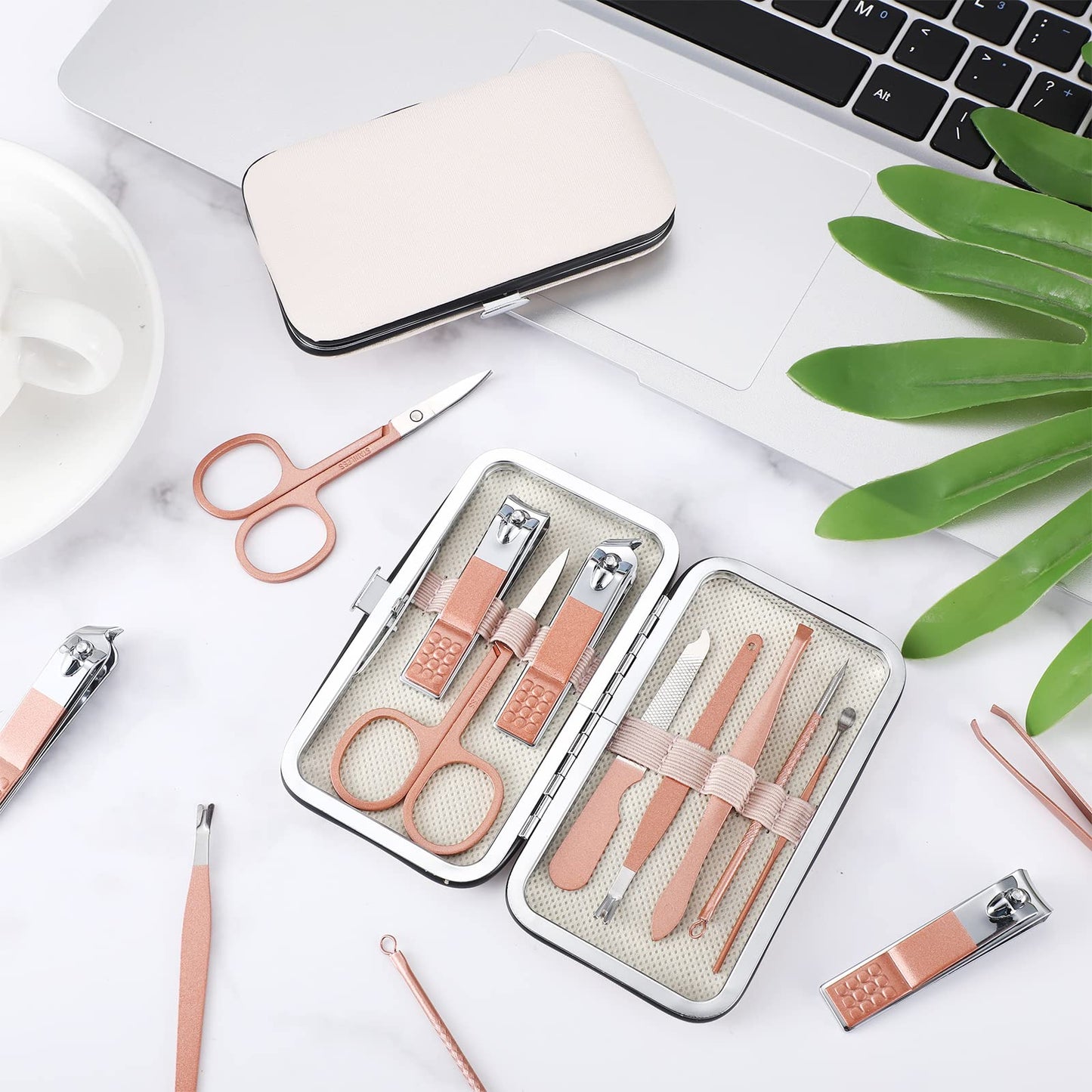 Hanaive 6 Set Manicure Set 48 Pcs Nail Clippers Pedicure Kit Gift for Fathers Day 8 in 1 Stainless Steel Grooming Kit Professional Nail Care Tools with Luxurious Travel Case for Men Women(Rose Gold)