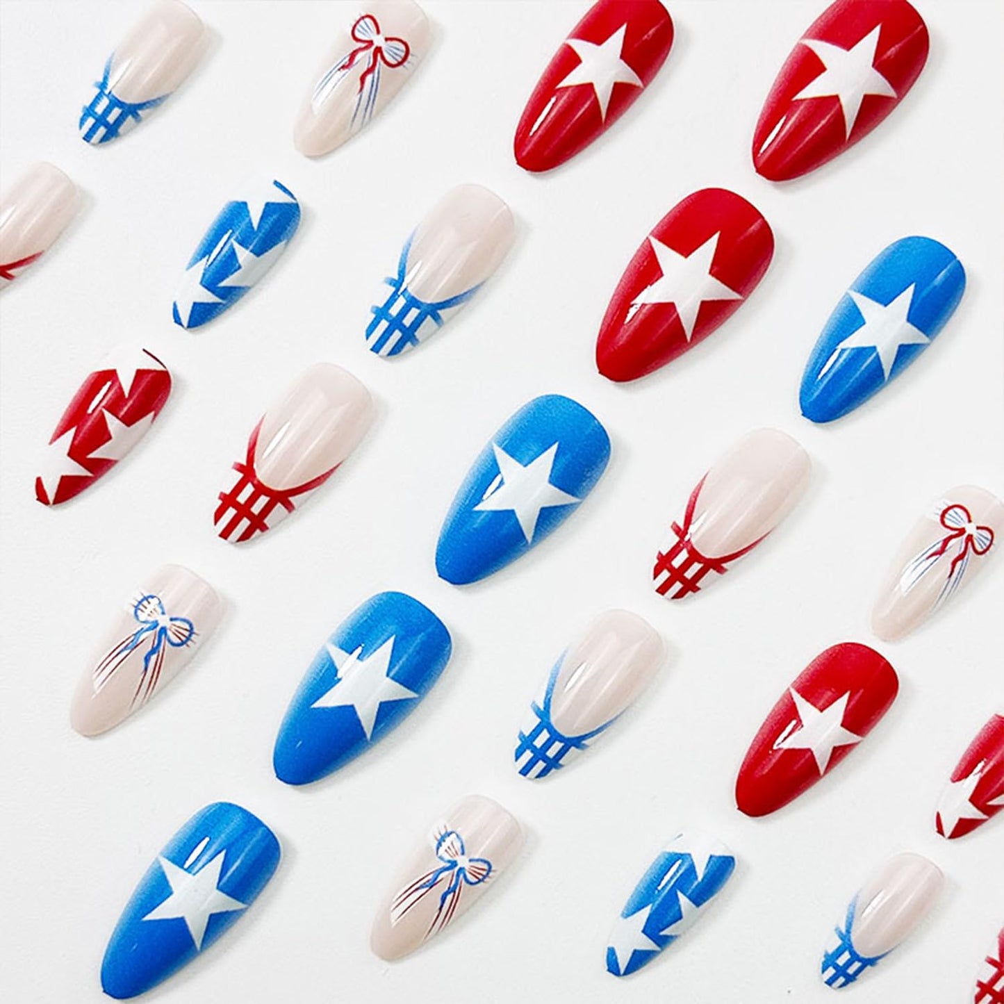 LWTZLW Red Blue Stars Press on Nails French Tip Short Almond False Nails with Bow Grids Design Full Cover Glue on Nail Summer Reusable Acrylic Fake Nails Glossy Artificial Stick on Nail for Women