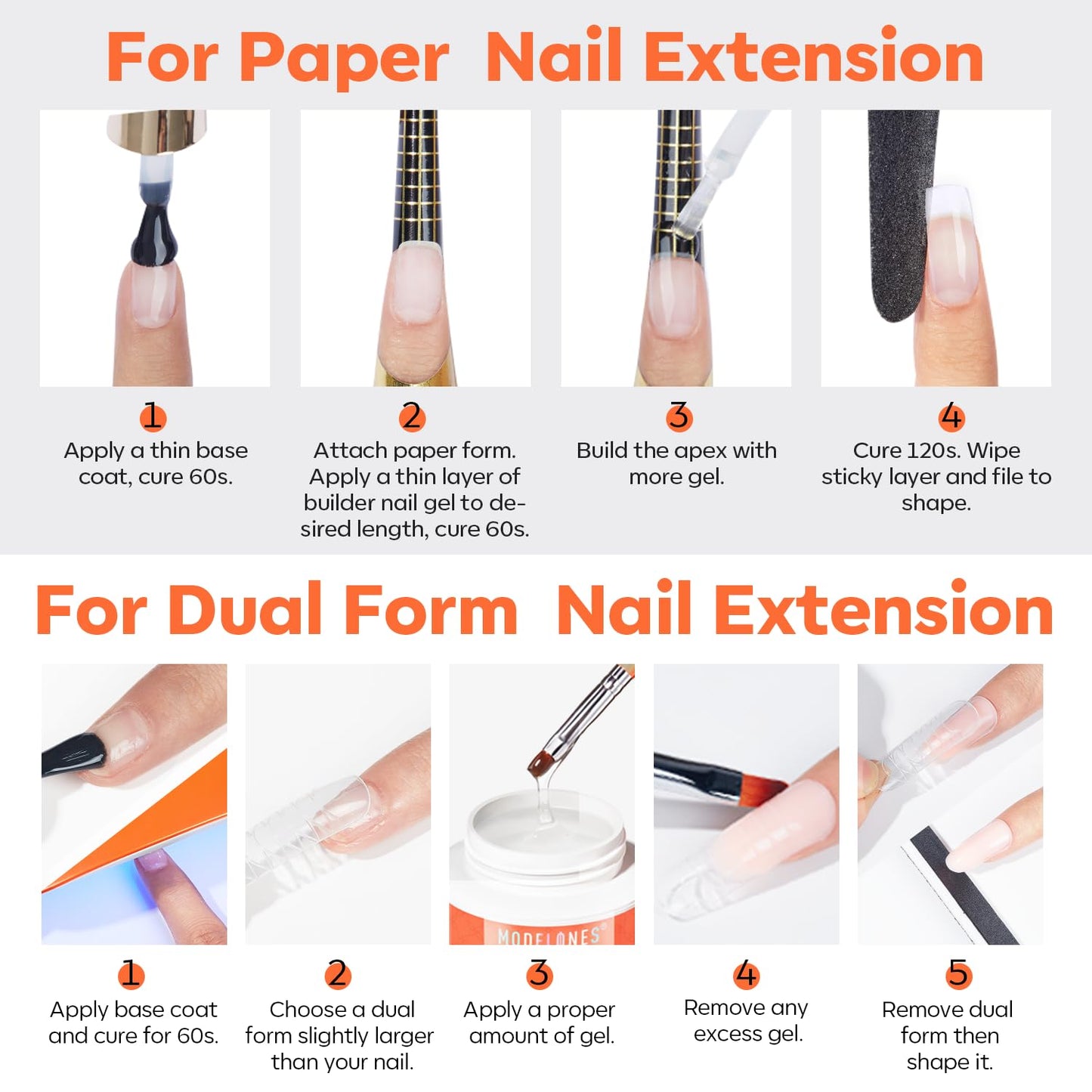 modelones Gel Builder for Nails 2 Colors, 10-in-One Builder Hard Gel Nail Kit Clear Nude with Dual End Brush, Acrylic Clamps, 100PCS Paper Forms for Sculpting Extension Overlays Salon LED Cured