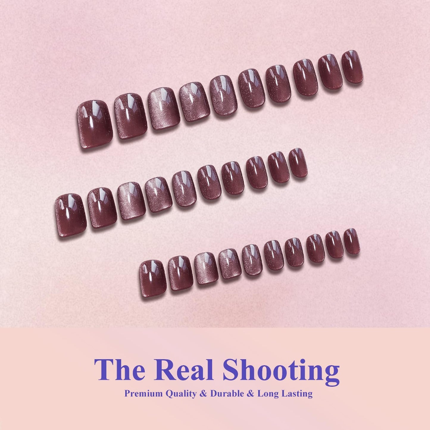 KQueenest Cat Eye Press On Nails Short - Mahogany Brown Press On Nails Square, 30 Pcs 15 Sizes Sparkly Glitter Fake Nails Press ons, Thick Quality, Reusable Small Glue on Nail for Women Decoration