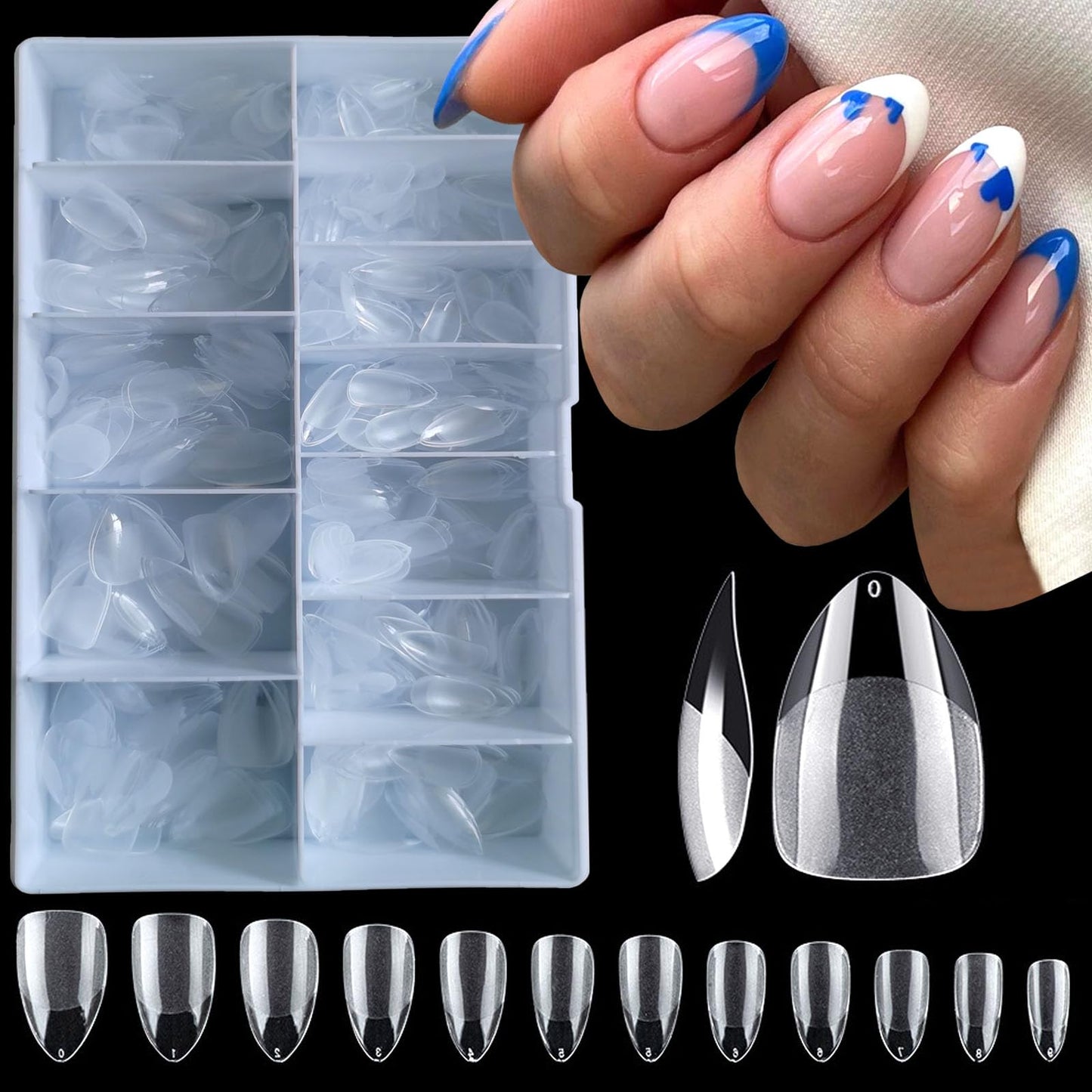 LoveOurHome 600pc Short Almond Gel Nail Tips Full Cover Clear Fake Nails XS Stiletto Artificial False Fingernails for Women Gel Acrylic Nails Extension Press on Nails Making