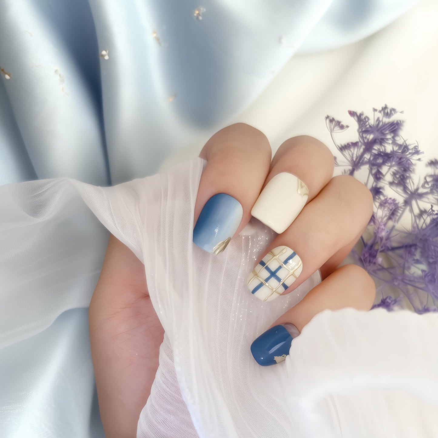 Fine Point Salon-Quality Handmade Baby Blue & Cream Checkered Short Squoval Press On Nails with Gold Foil, Grid & Speckled Design Reusable Chic Acrylic False Nails Durable (Size Medium)