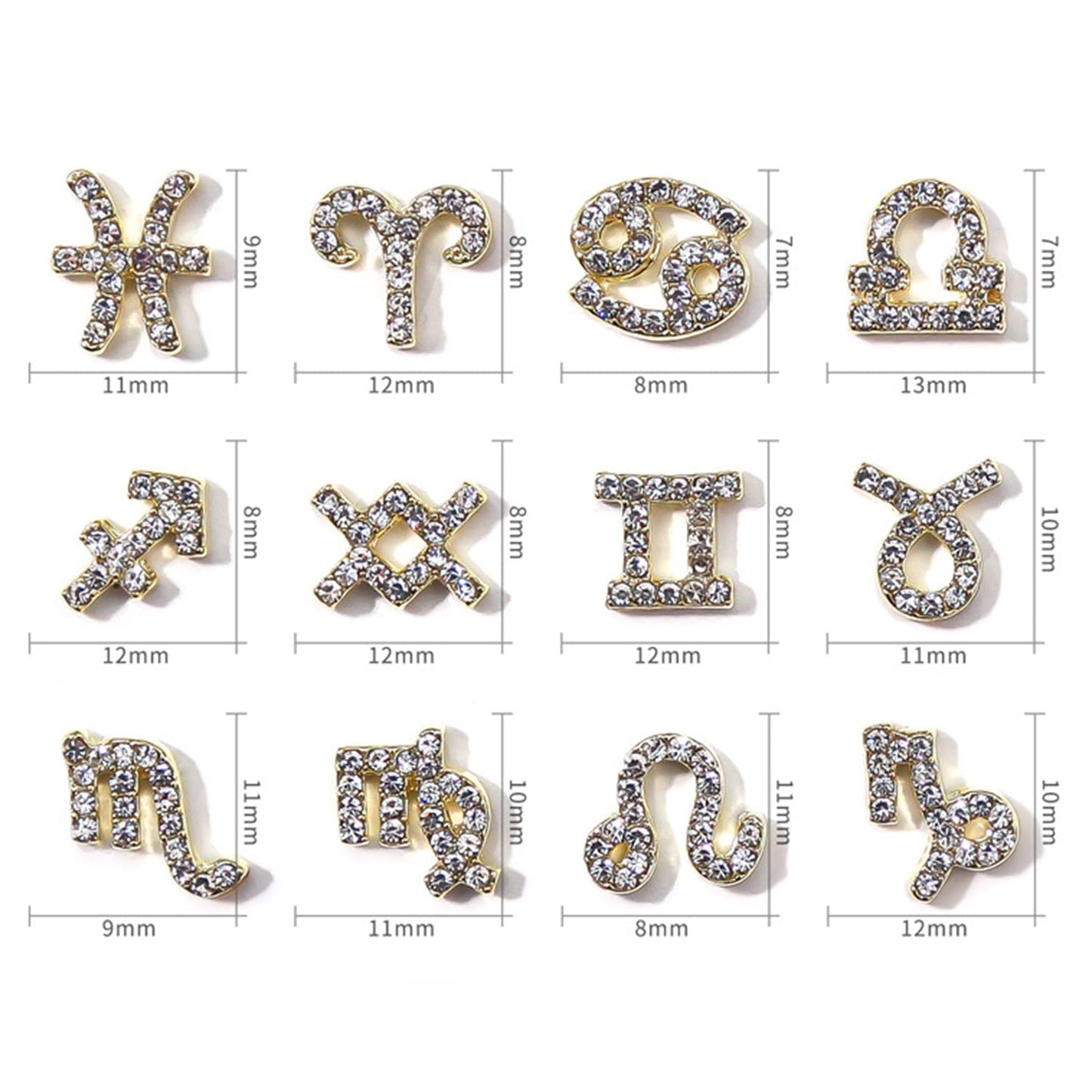 JERCLITY 48 Pieces Gold Silver Alloy Zodiac Nail Charms Zodiac Signs Nail Studs Constellation Words Charms for Nails Twelve Constellation Set for Women Girls
