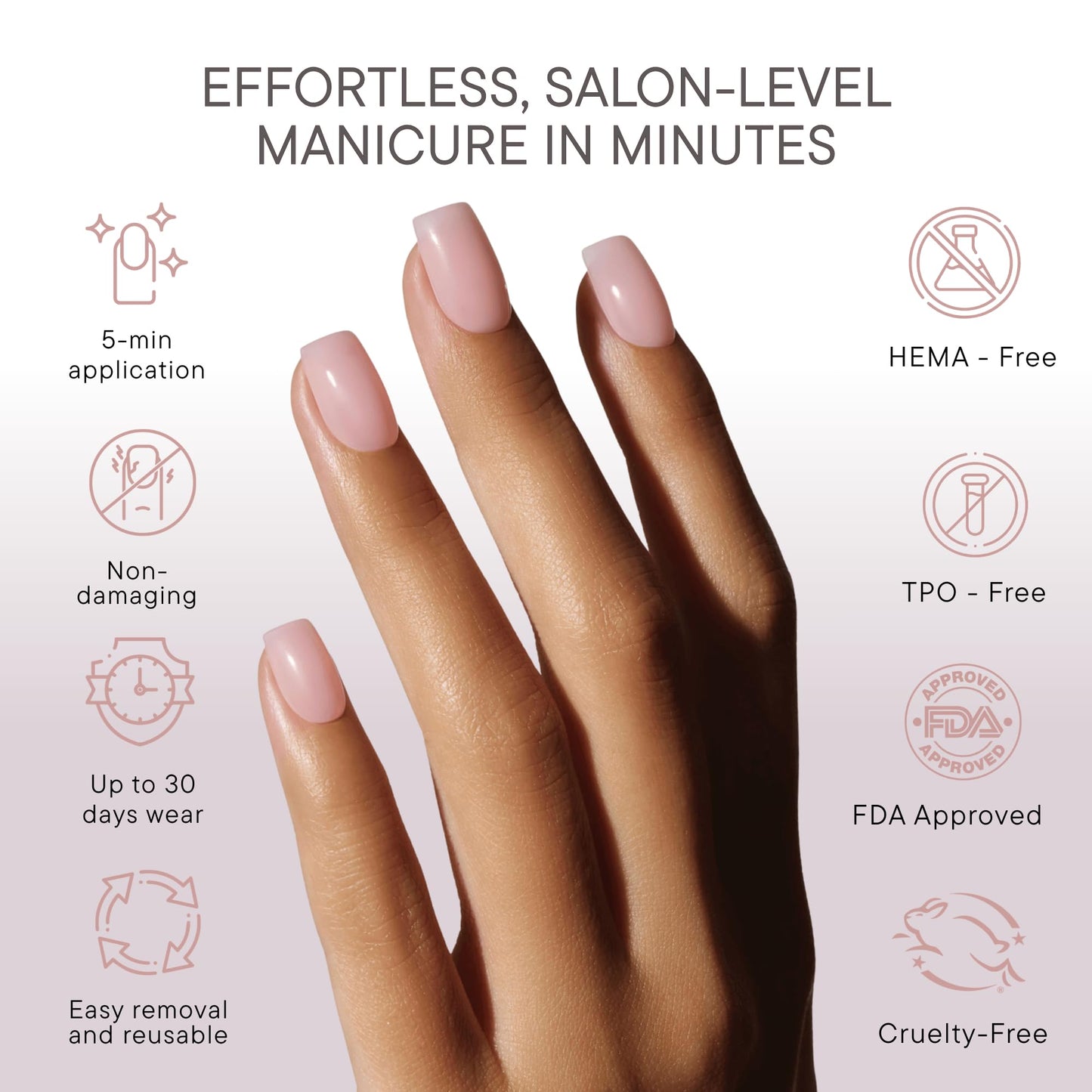 Celebritips Press On Nails - Salon U-ltimate™ | Clean Pink, Short Coffin Nails, Reusable | 16 sizes - 32 Nails Kit with Glue and Sticky Tabs