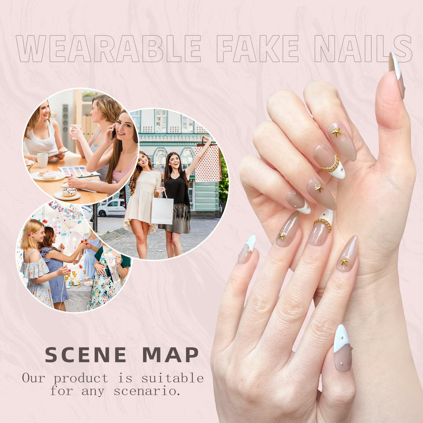 Handmade Press On Nails Medium Almond Shape - 3D Gold Metallic Embellished White French Manicure False Nails, Minimalist Spring & Summer Design | Salon Quality Reusable Fake Nails (10PCS-M)