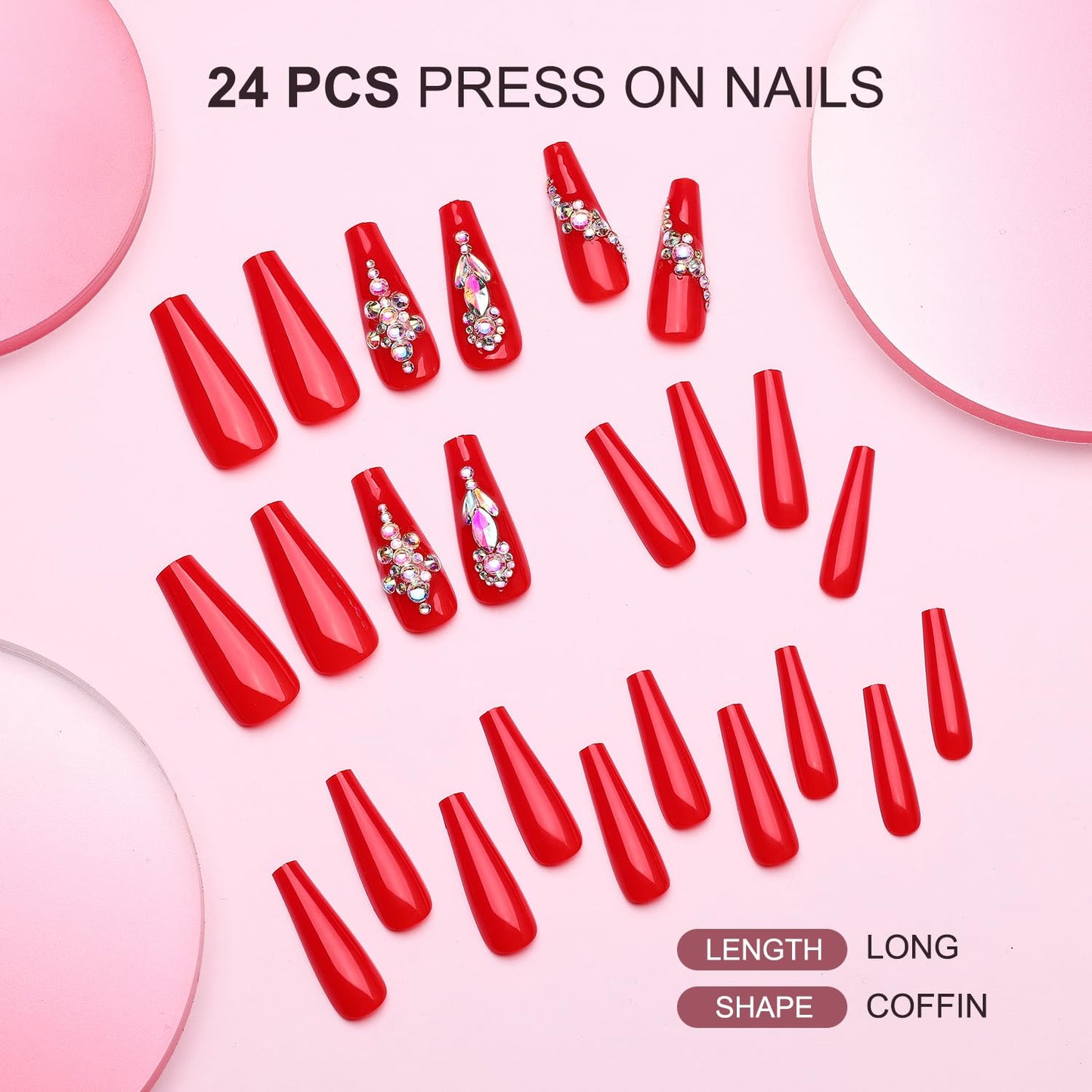 Artquee Red Coffin Press on Nails Long Fake Nails with Rhinestones Design Full Cover Luxury Bridal Wedding False Nail Kit Stick on Nails for Women 24Pcs