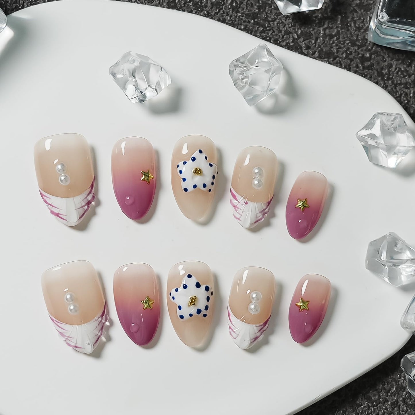 Tesytto Handmade 3D Floral Press on Nails Short Almond - Plum Gradient on a Nude Base, Water Ripple Pearl & Ombre Pink French Tip Holiday Fake Nails (Coral Violeta,M)