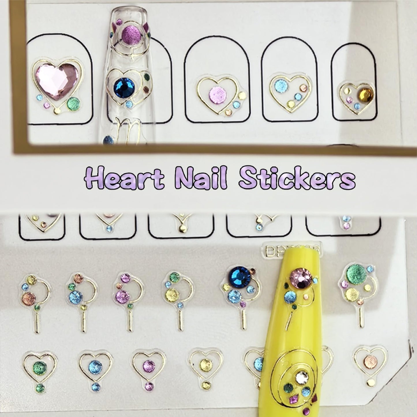 8 Sheets 3D Nail Art Stickers Diamond Heart Round Luxury Self-Adhesive Nail Decals Rhinestones Heart Design Gold Line Glitter Gems Pink White Purple Blue Colorful