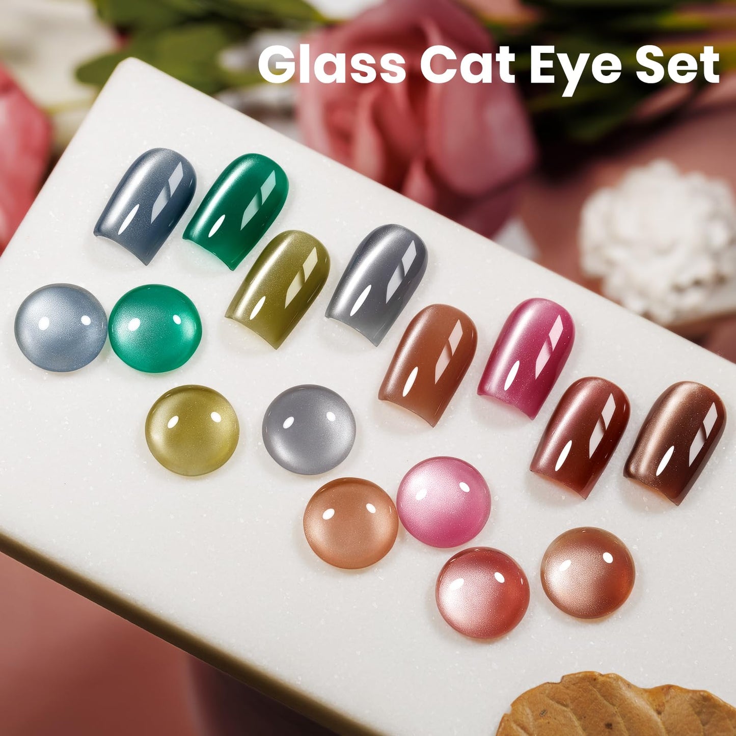 MIZHSE Cat Eye Gel Nail Polish Set: 8 Colors Moonlight Magnetic Gel Polish with Magnet Stick, Glass Holographic Shimmer Gray Brown Pink Colors Glitter Nail Gel Soak Off Nail Art Salon DIY Gift
