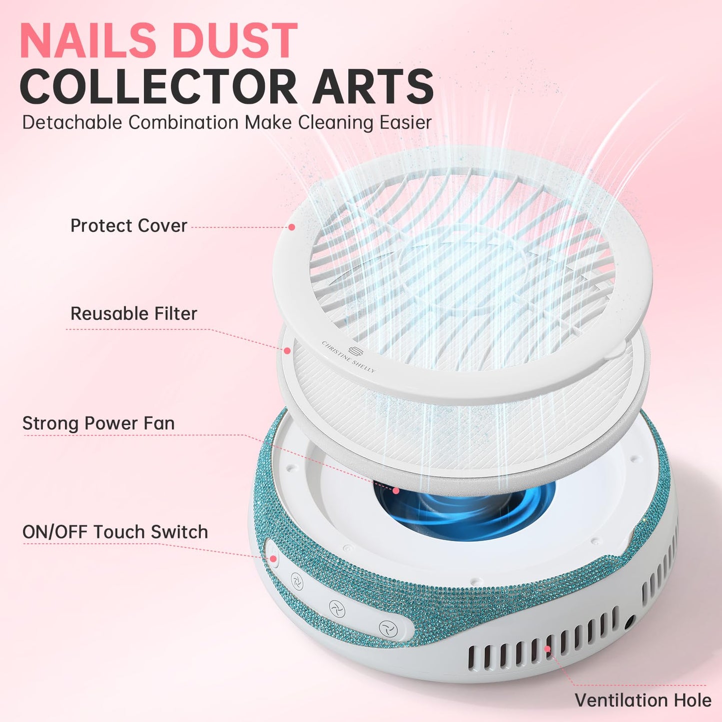 CHRISTINE SHELLY Nail Dust Collector, Cordless Dust Collector Nail Tech, Powerful Vacuum Fan Vent Dust Collector Extractor Dust Suction Machine for Acrylic Nails Polishing, Low Noise, Nail Salon&Home