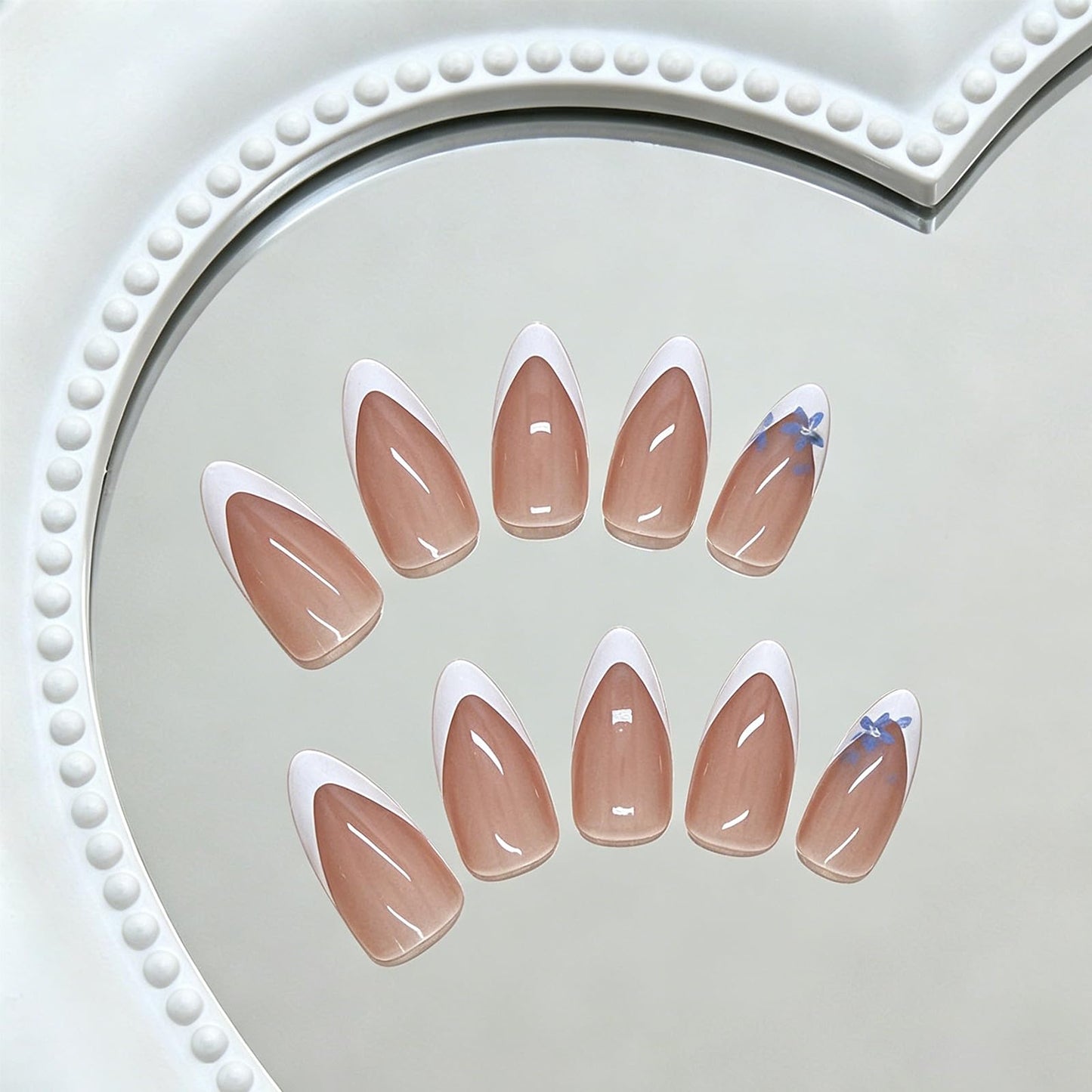 24Pcs White French Tip Press on Nails Medium Almond, Blue Floral Designs, Glossy Full Cover Fake Nails, Reusable Glue on Nails with Acrylic Effect,Nude Nails Press ons for Women