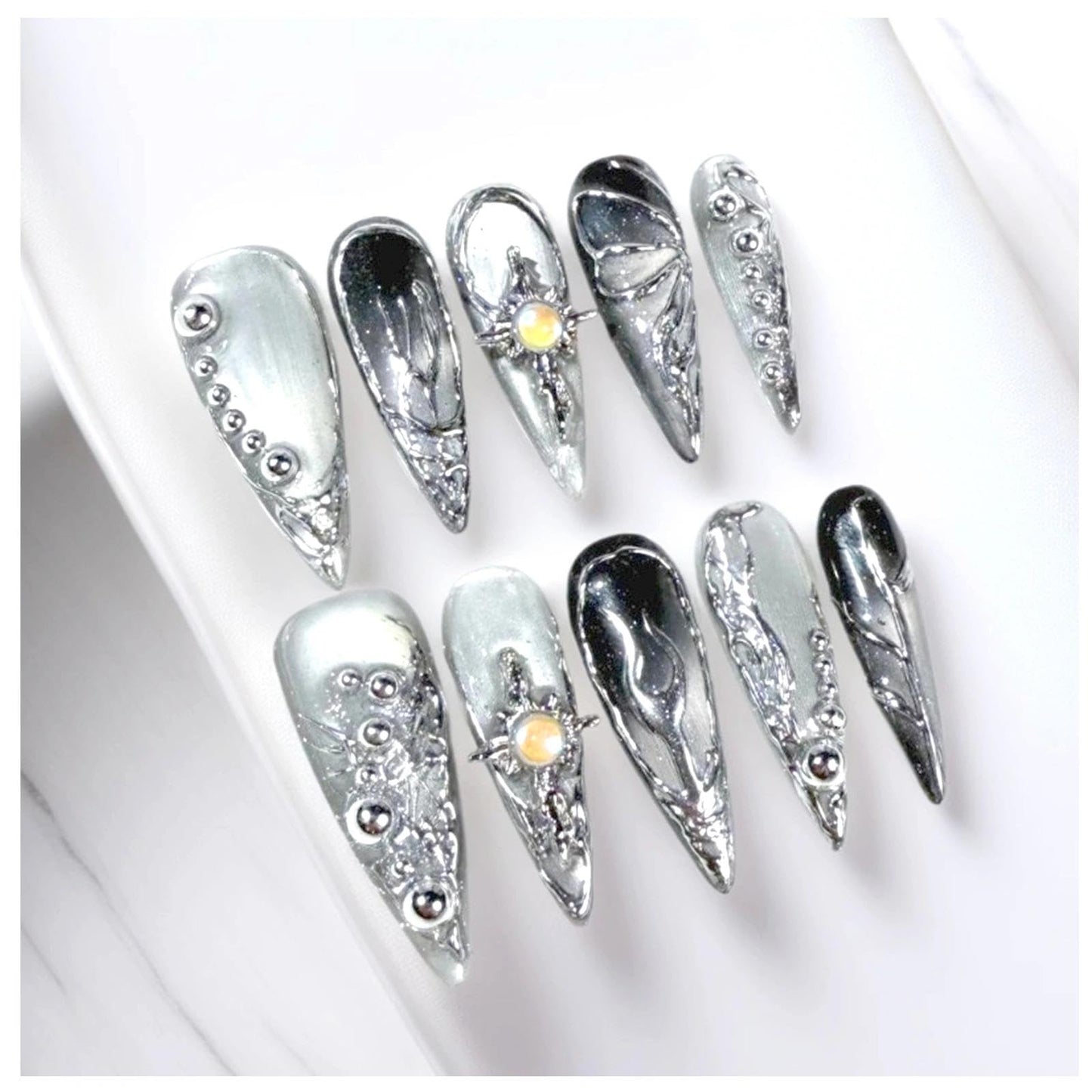 Handmade 3D Metallic Futuristic Stiletto Press On Nails, Silver Black Mechanic Artisan Nails Set, Reusable Glossy Press-ons with Tool Kit (S)